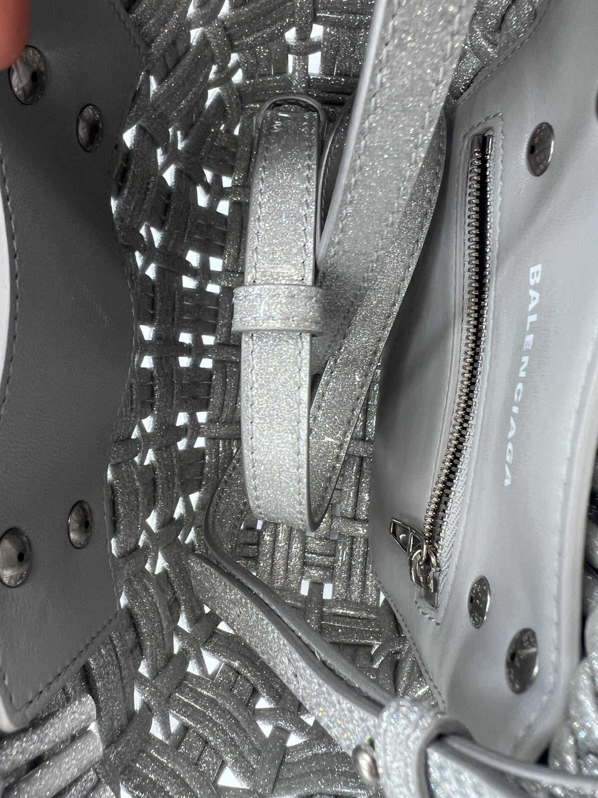 Balenciaga Silver Woven Glitter Basket Bag