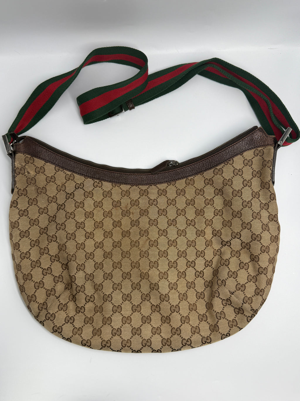 Gucci Vintage Half-Moon Shoulder Bag in GG Canvas with Web Strap