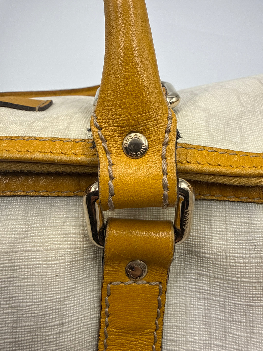 Gucci Joy Boston GG Plus Canvas Satchel with Yellow Leather Trim