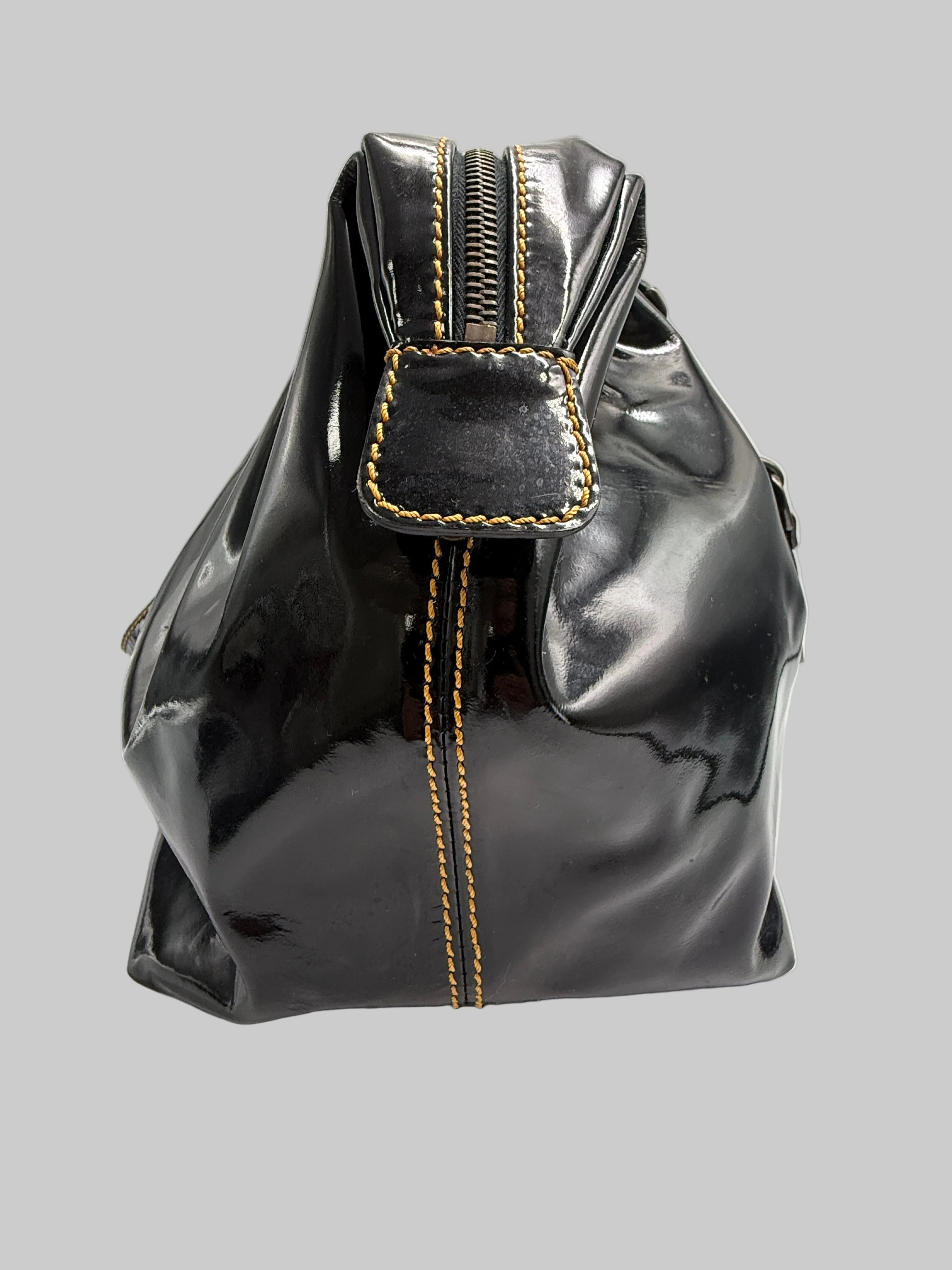 Fendi Vintage Black Patent Leather Chef Bag with Chain Detail