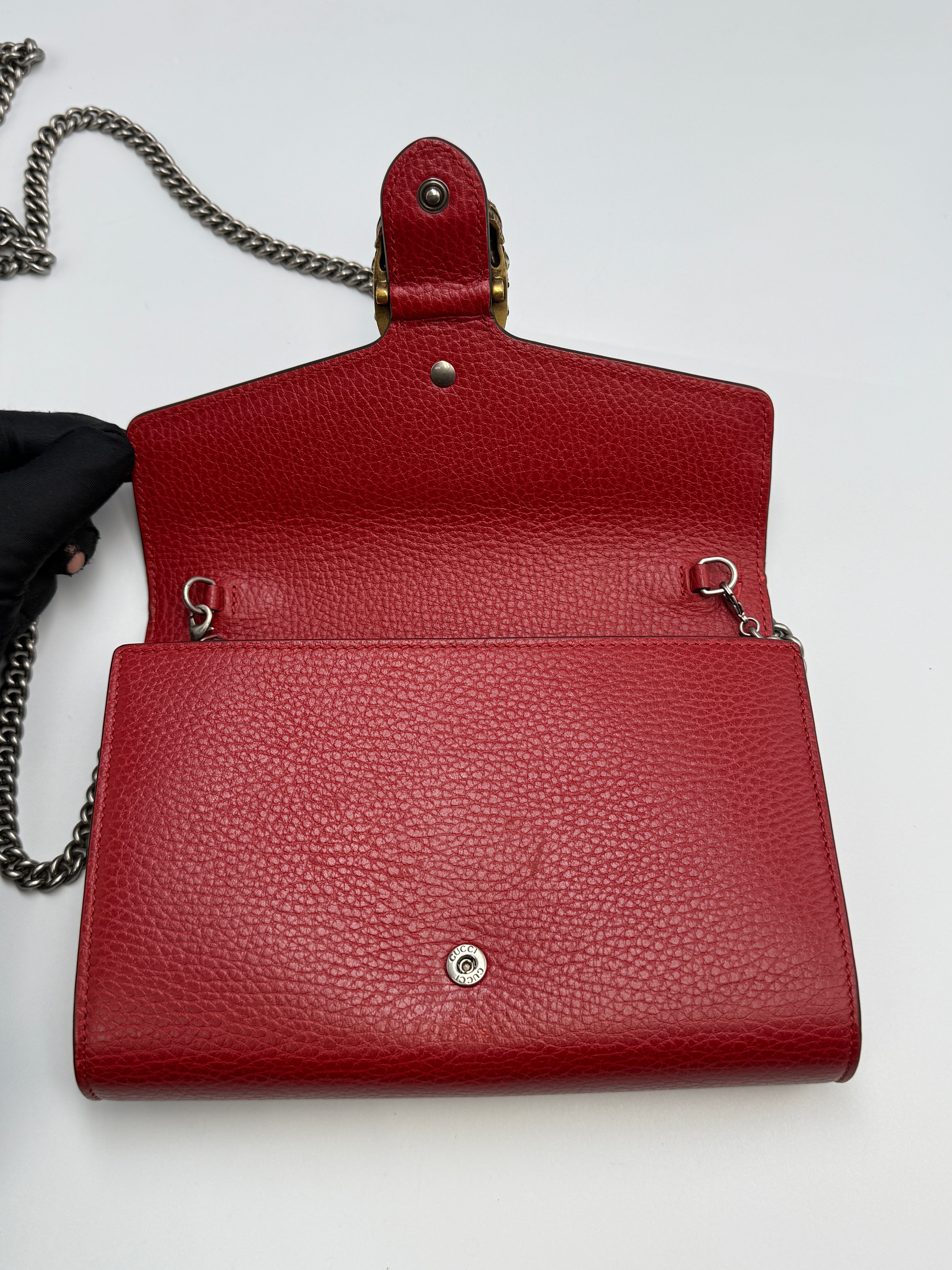 Gucci Dionysus Super Mini Shoulder Bag - Red Textured Leather with Crystal Tiger Head