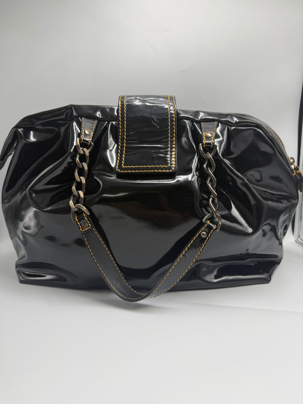 Fendi Vintage Black Patent Leather Chef Bag with Chain Detail