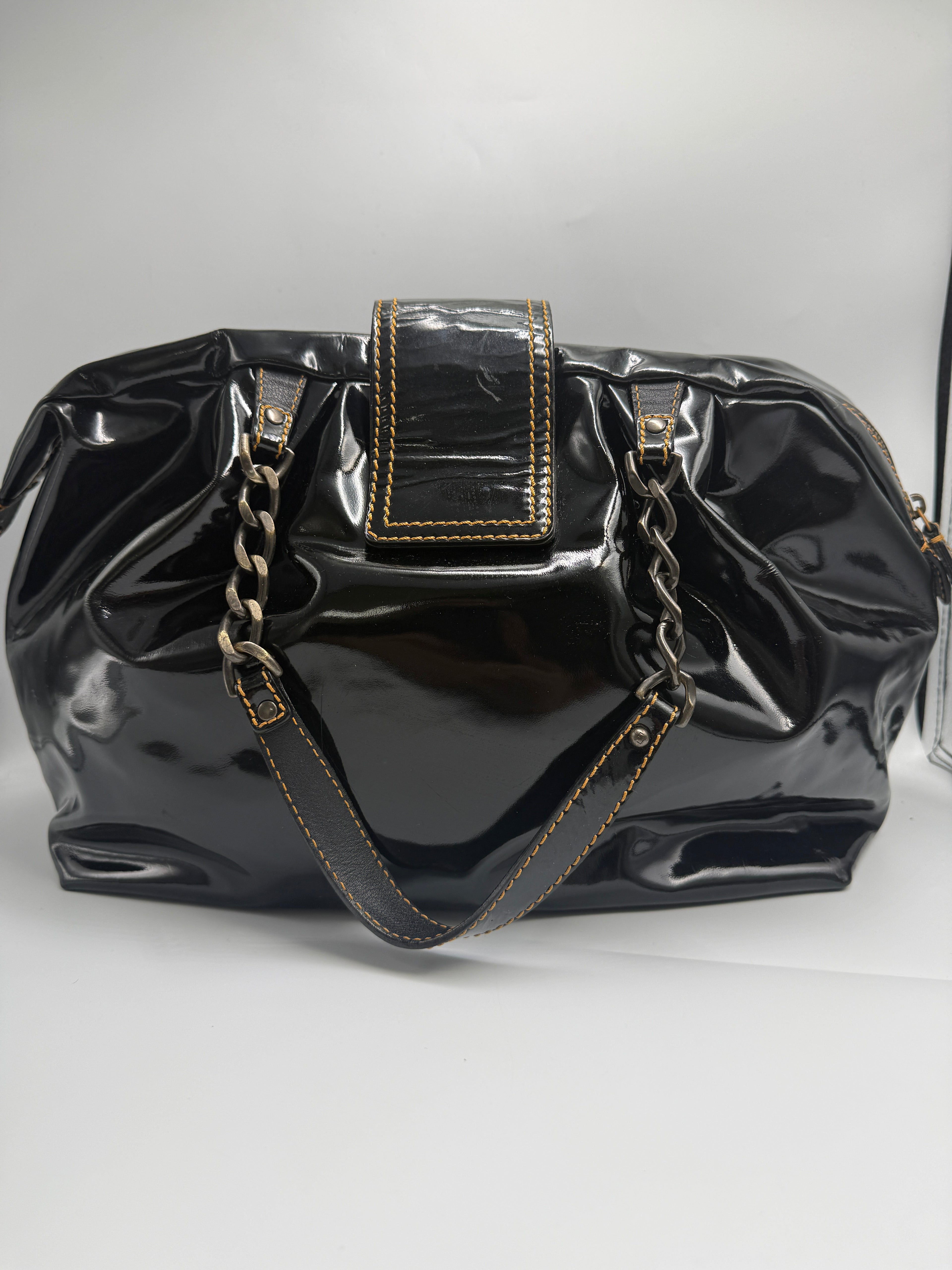 Fendi Vintage Black Patent Leather Chef Bag with Chain Detail