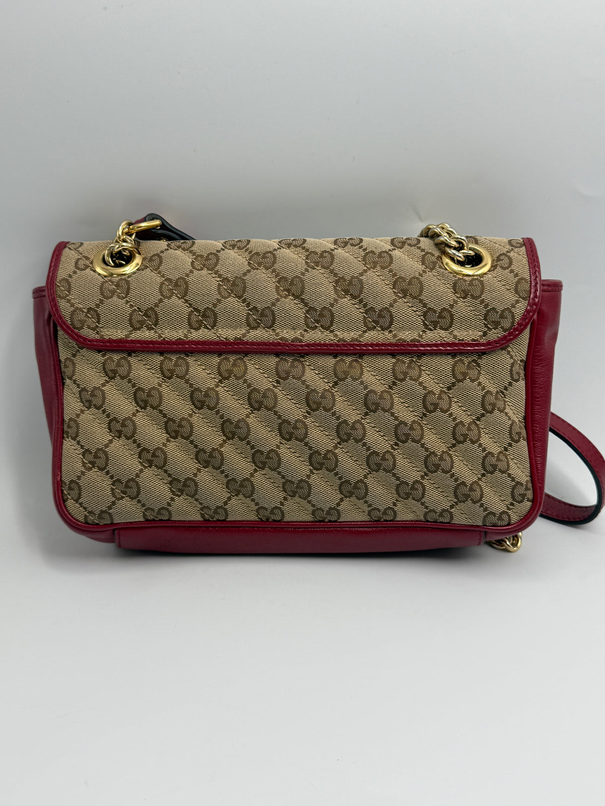 Gucci GG Marmont Small Shoulder Bag in Original GG Canvas with Red Leather Trim