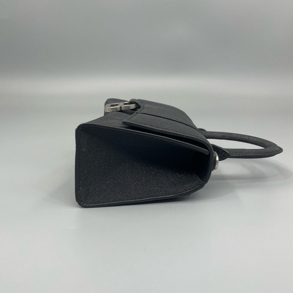 Balenciaga Hourglass XS Top Handle Bag in Black Suede with Silver Hardware