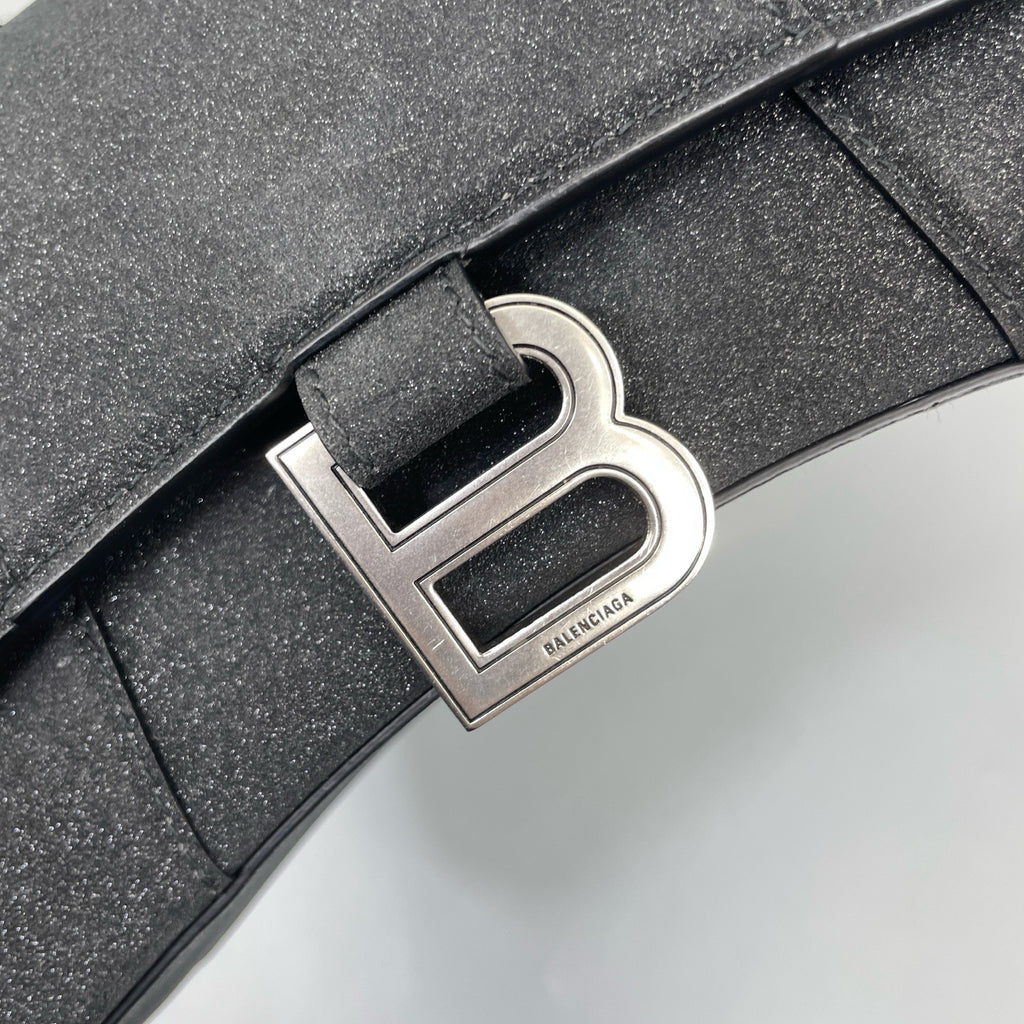 Balenciaga Hourglass XS Top Handle Bag in Black Suede with Silver Hardware