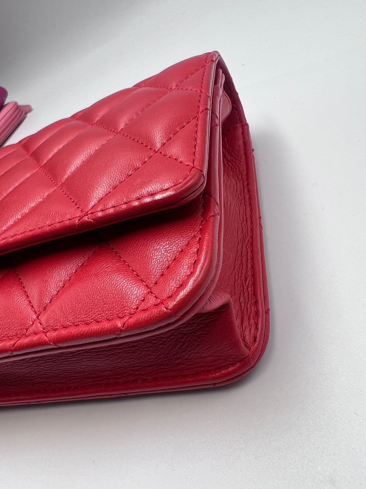 Chanel Classic Quilted Wallet on Chain (WOC) in Red Lambskin with Silver Hardware