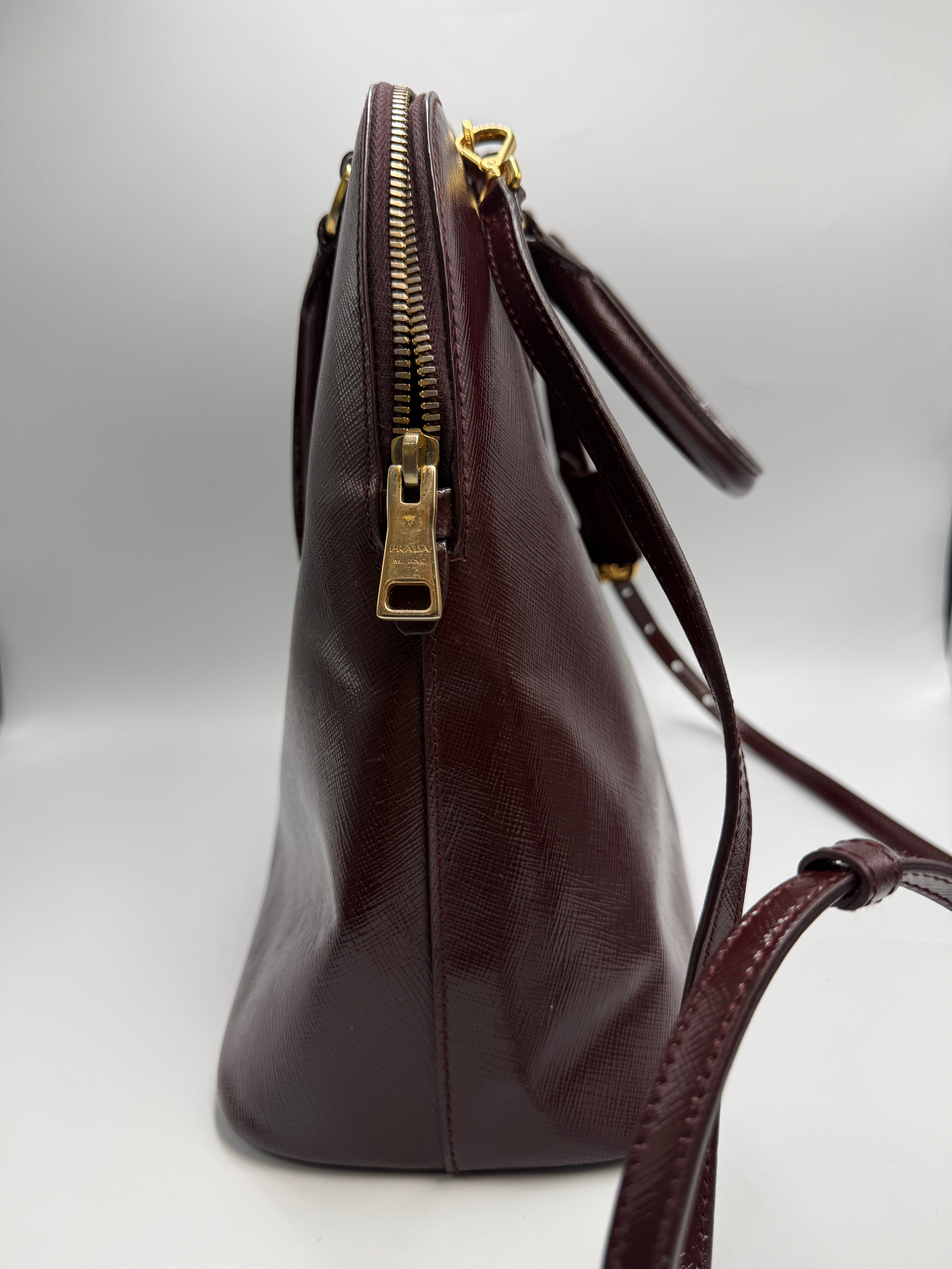 Prada Saffiano Lux Medium Promenade Dome Satchel (Granato / Burgundy)