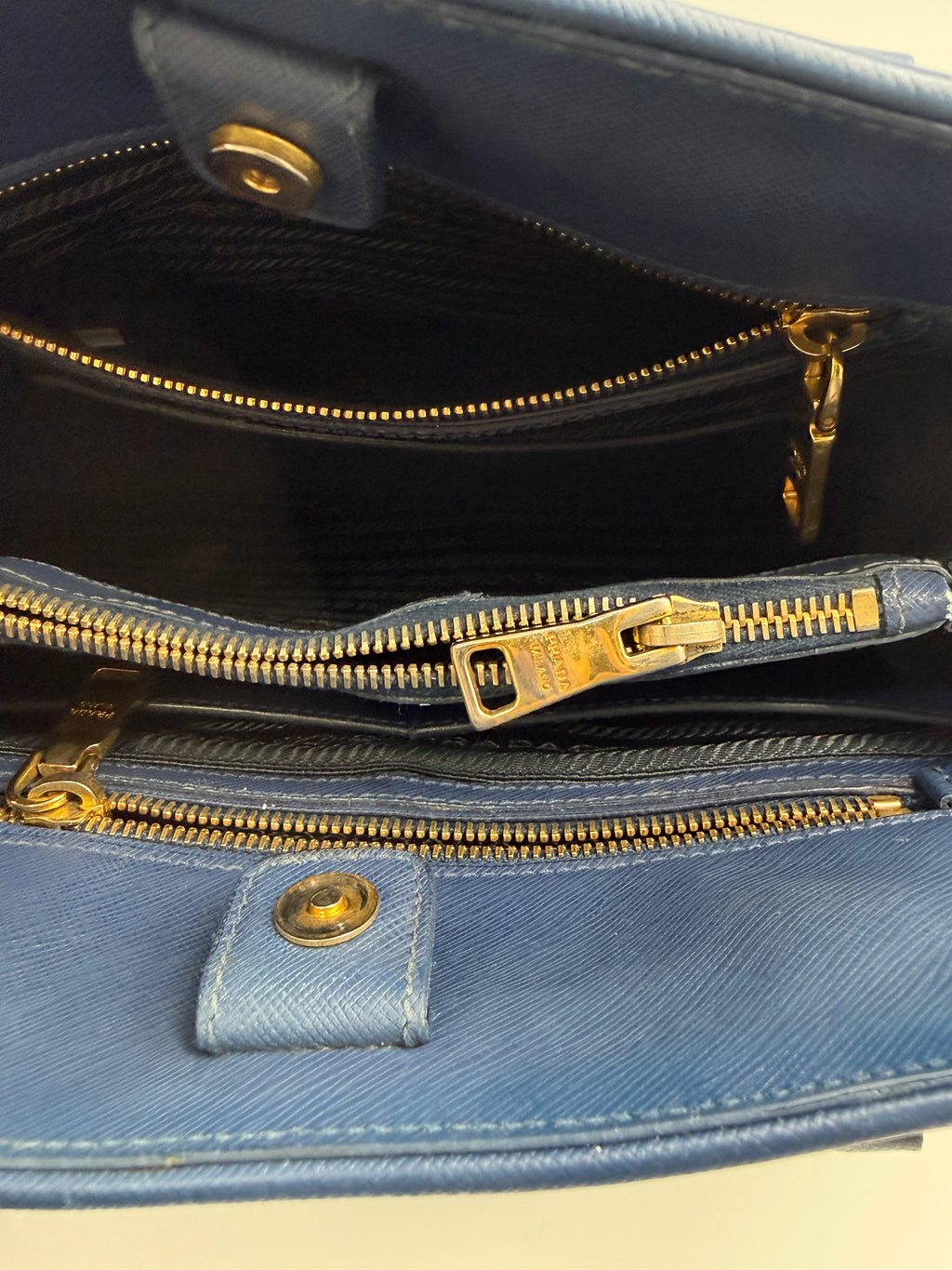 Prada Saffiano Lux Medium Promenade Dome Satchel (Baltico / Dark Navy)