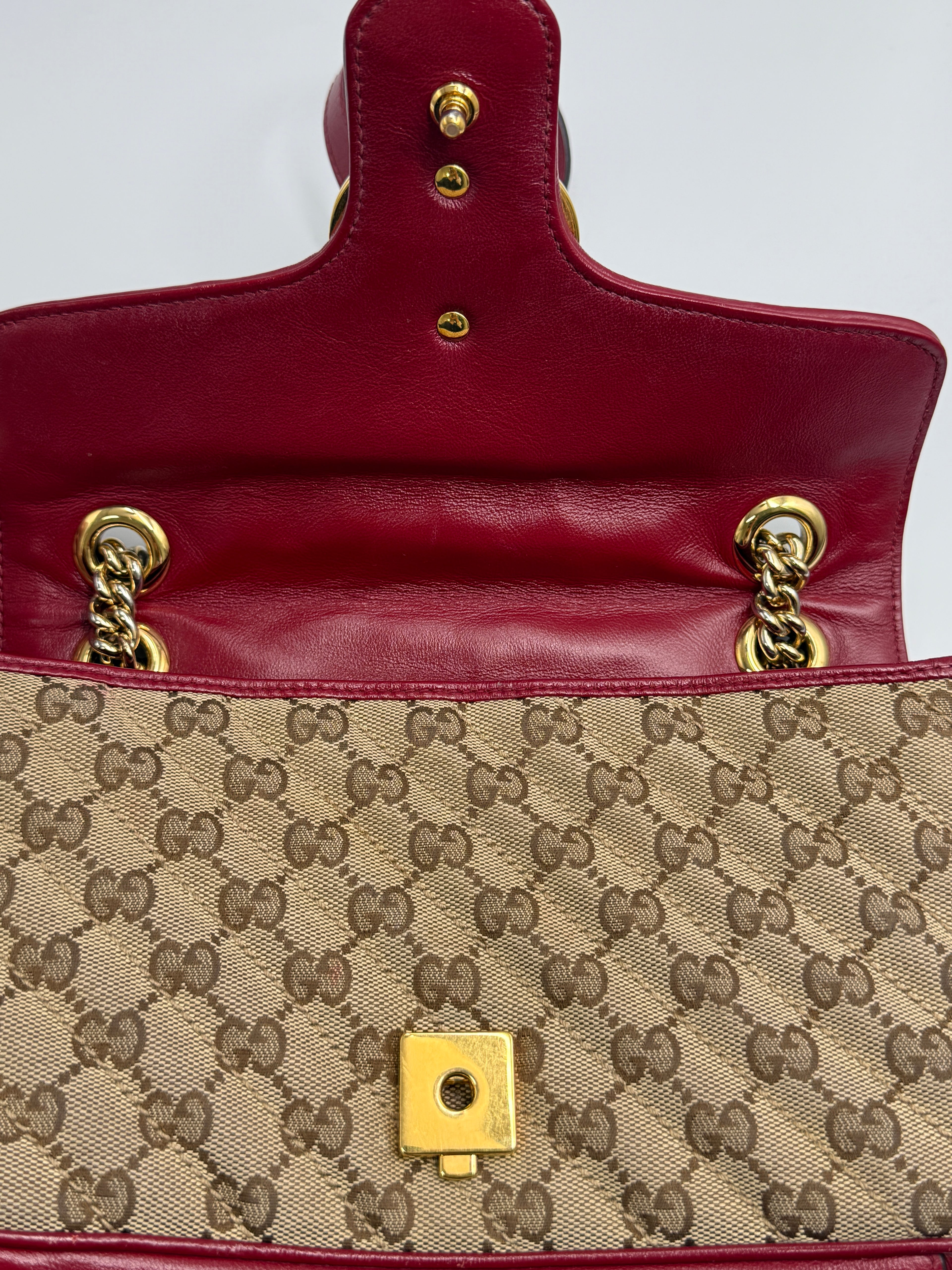 Gucci GG Marmont Small Shoulder Bag in Original GG Canvas with Red Leather Trim
