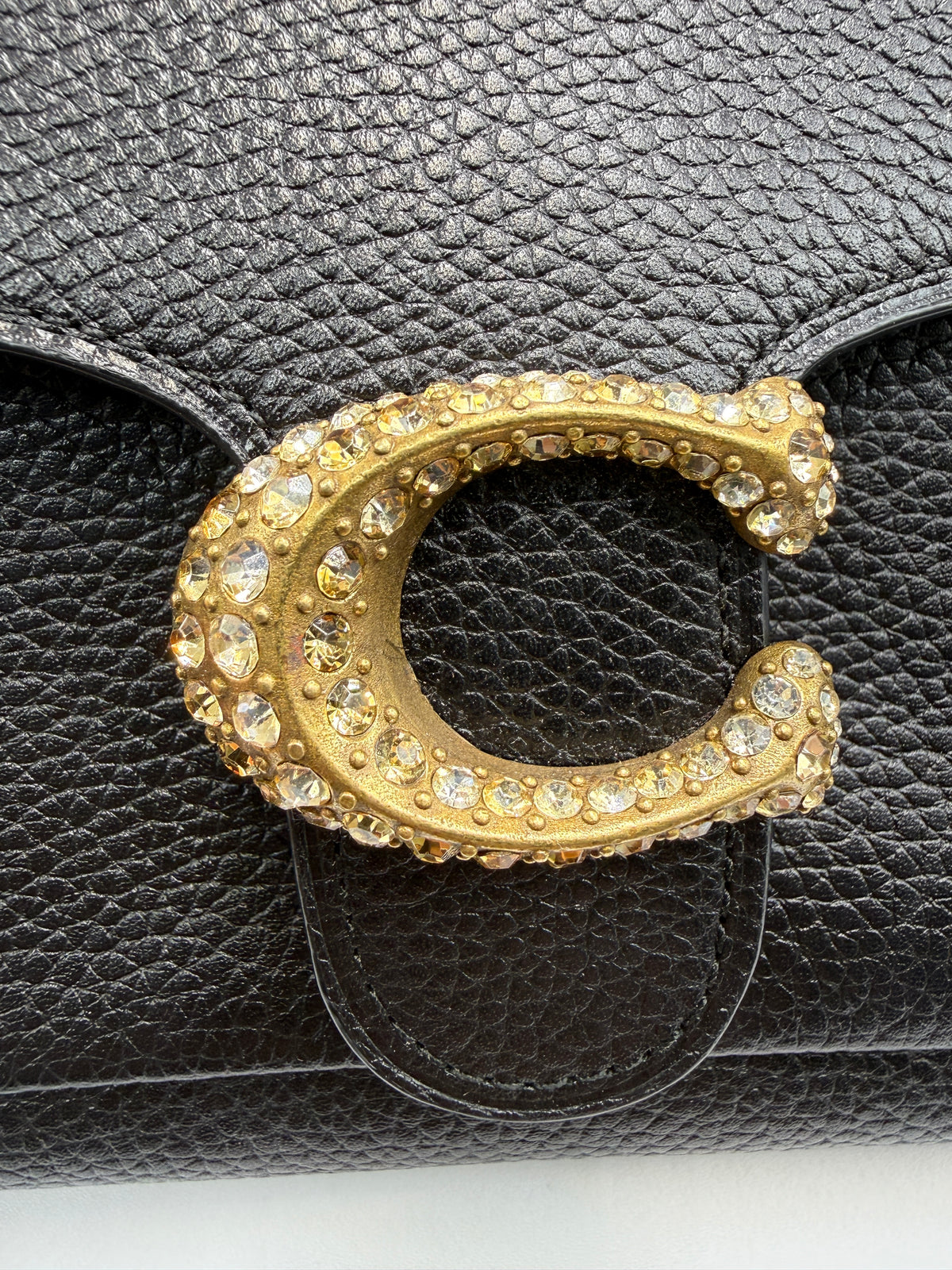 Coach Tabby Chain Clutch / Wallet on Chain with Crystal 'C' in Black Polished Pebble Leather