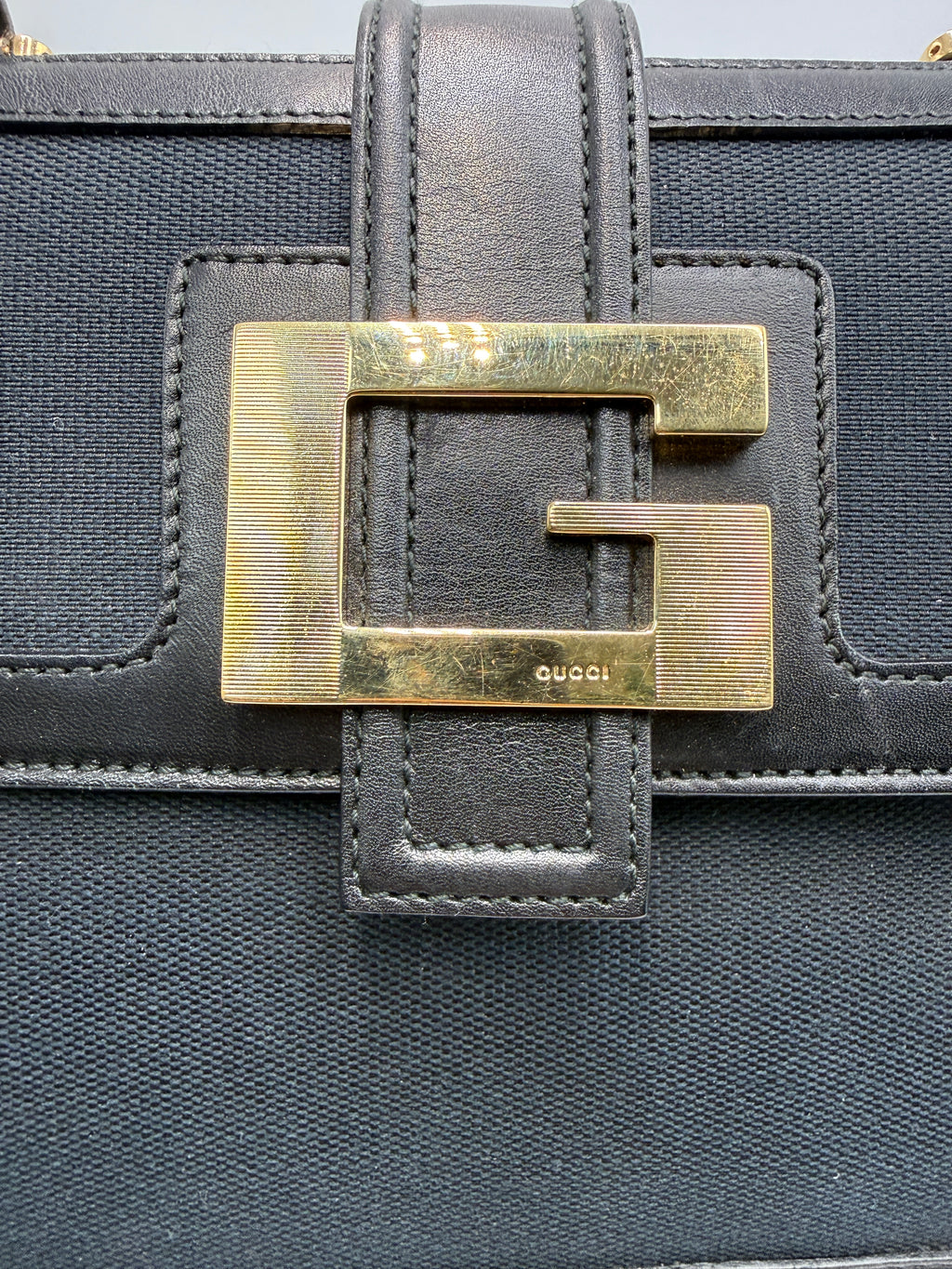 Gucci Vintage Square G Flap Shoulder Bag in Black Canvas and Leather