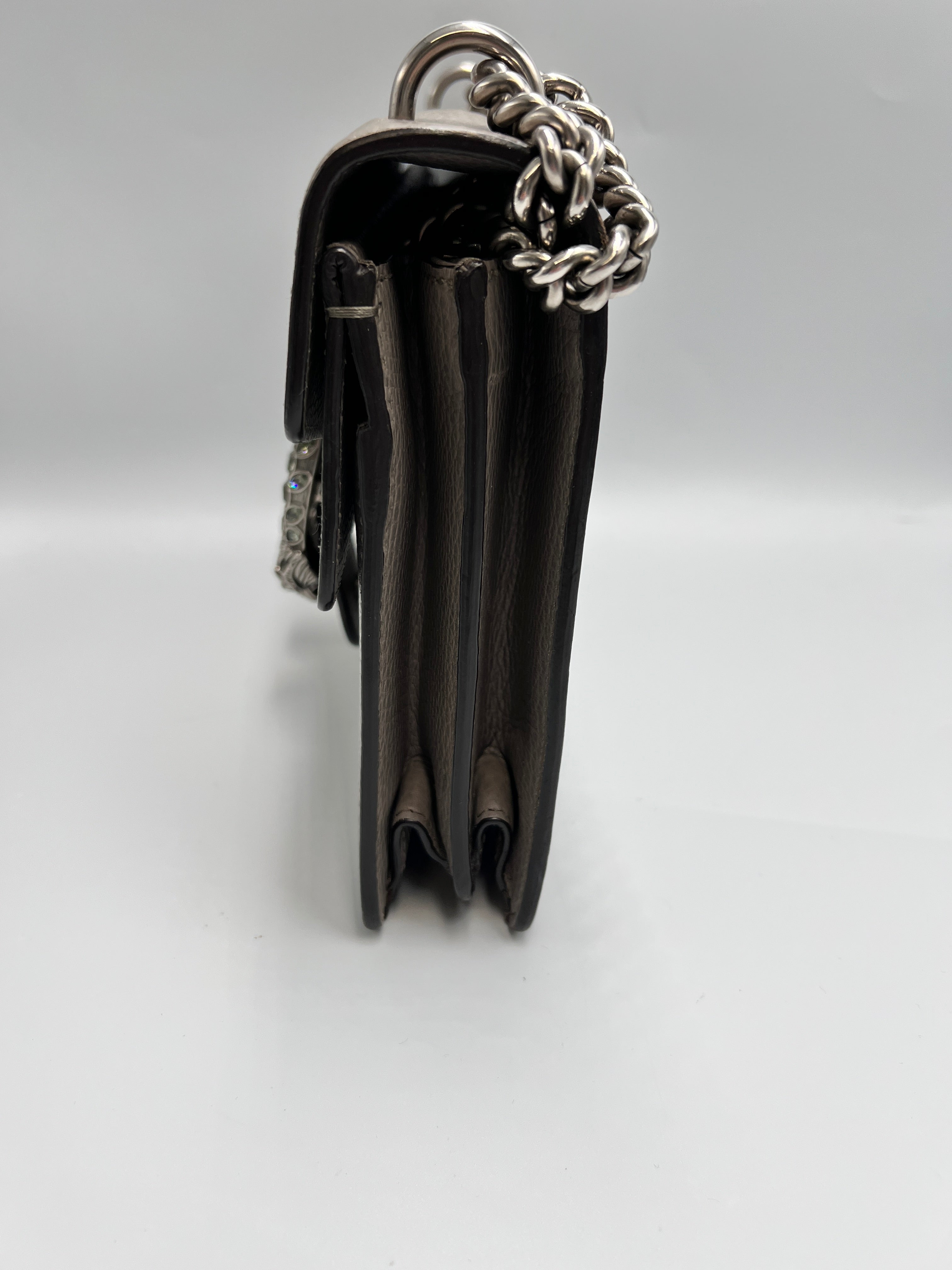 Gucci Dionysus Medium Shoulder Bag in Taupe Grained Leather with Crystal Tiger Head Closure