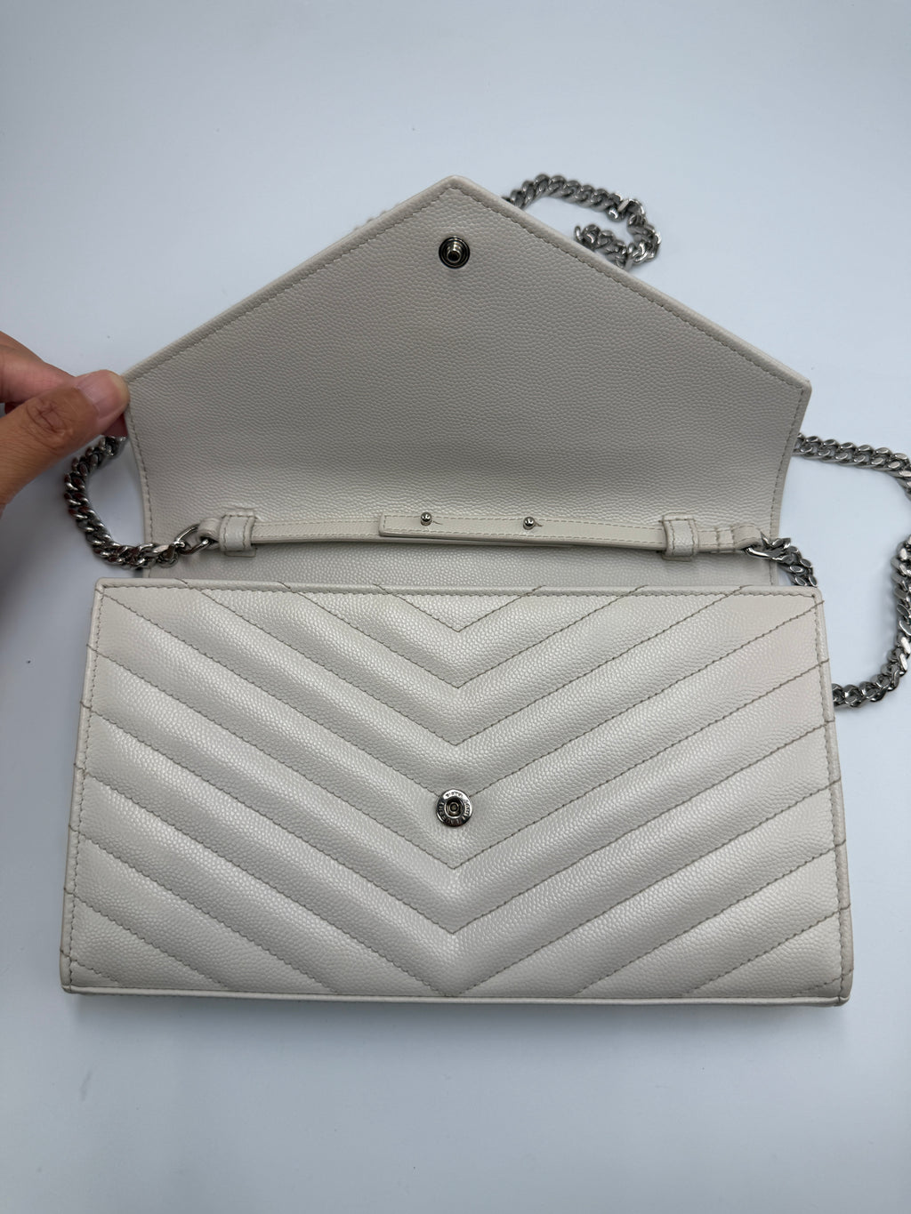 Saint Laurent Cassandre Envelope Chain Wallet / Shoulder Bag in Light Greige Matelassé Leather