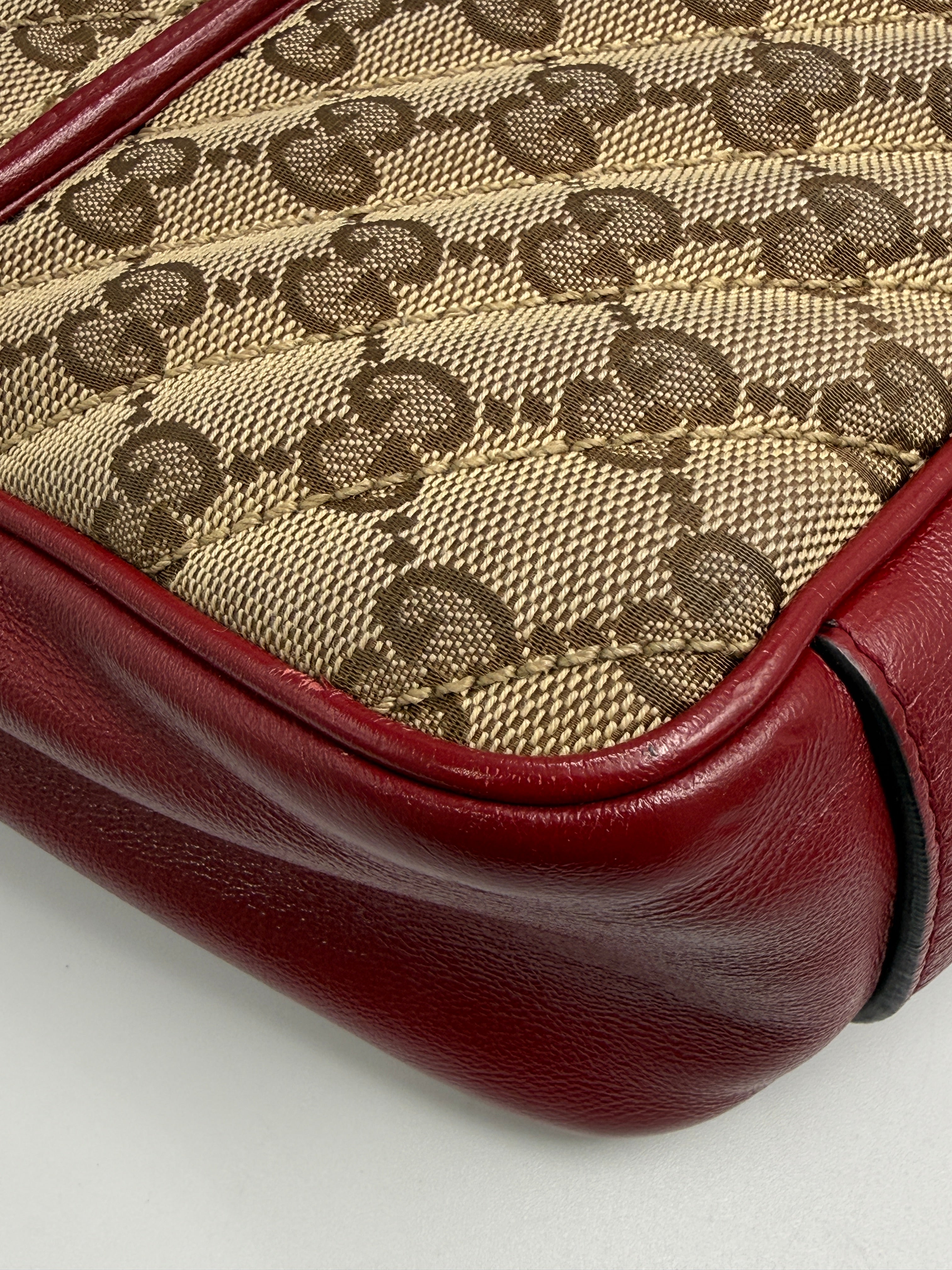 Gucci GG Marmont Small Shoulder Bag in Original GG Canvas with Red Leather Trim