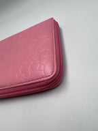 Chanel Camellia Embossed Zipped Long Wallet in Pink Lambskin with Silver Hardware