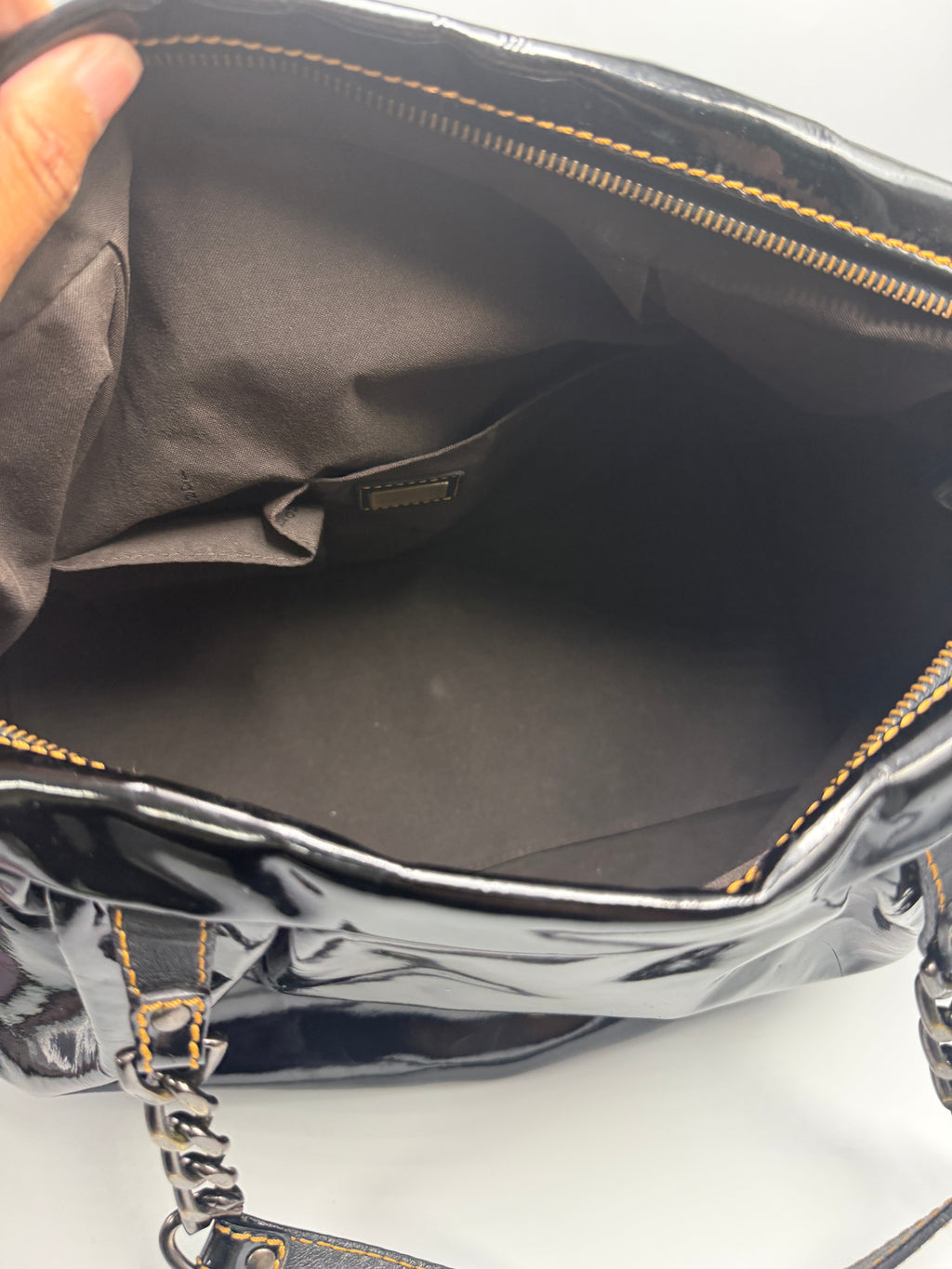 Fendi Vintage Black Patent Leather Chef Bag with Chain Detail