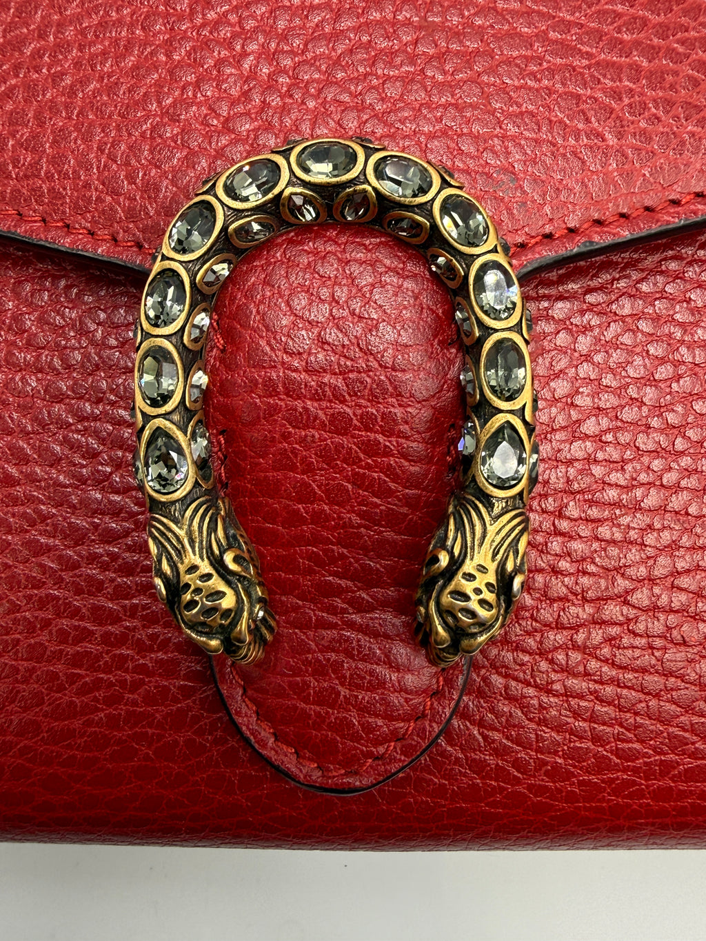 Gucci Dionysus Super Mini Shoulder Bag - Red Textured Leather with Crystal Tiger Head