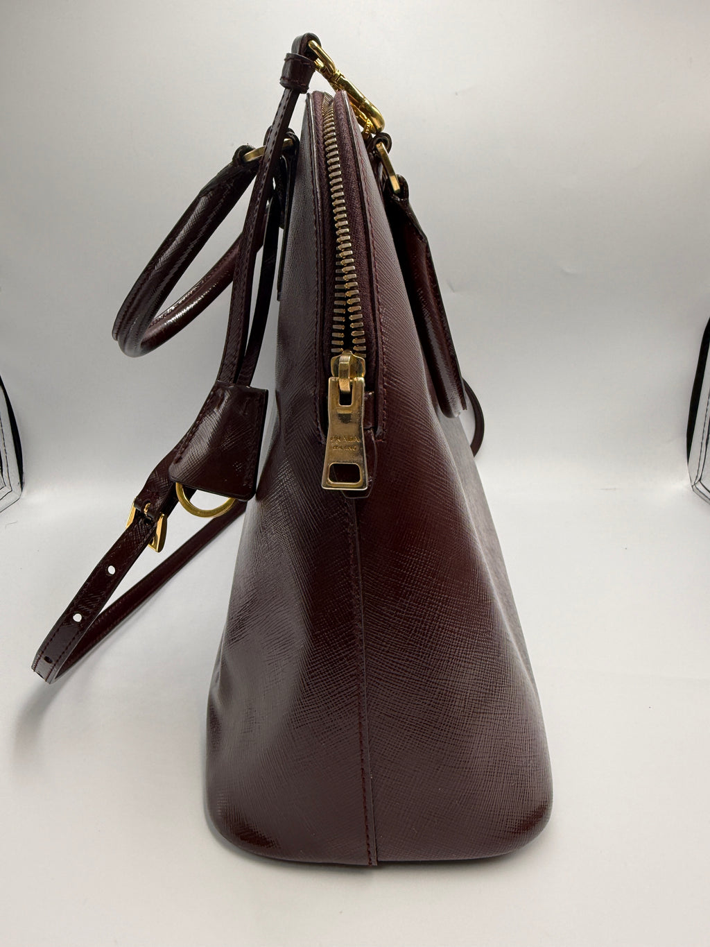 Prada Saffiano Lux Medium Promenade Dome Satchel (Granato / Burgundy)