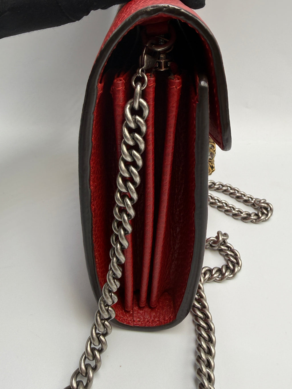 Gucci Dionysus Super Mini Shoulder Bag - Red Textured Leather with Crystal Tiger Head