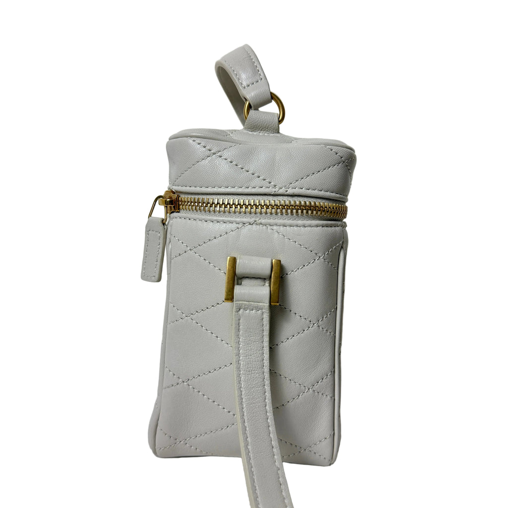 Light gray saint laurent quilted handbag with gold chain strap 