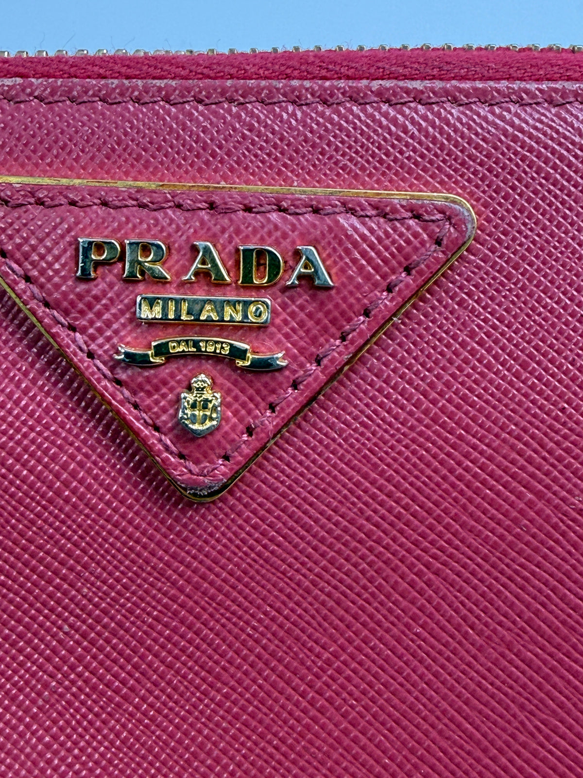Prada Saffiano Metal Triangle Logo Zip-Around Continental Wallet (Peonia / Magenta)