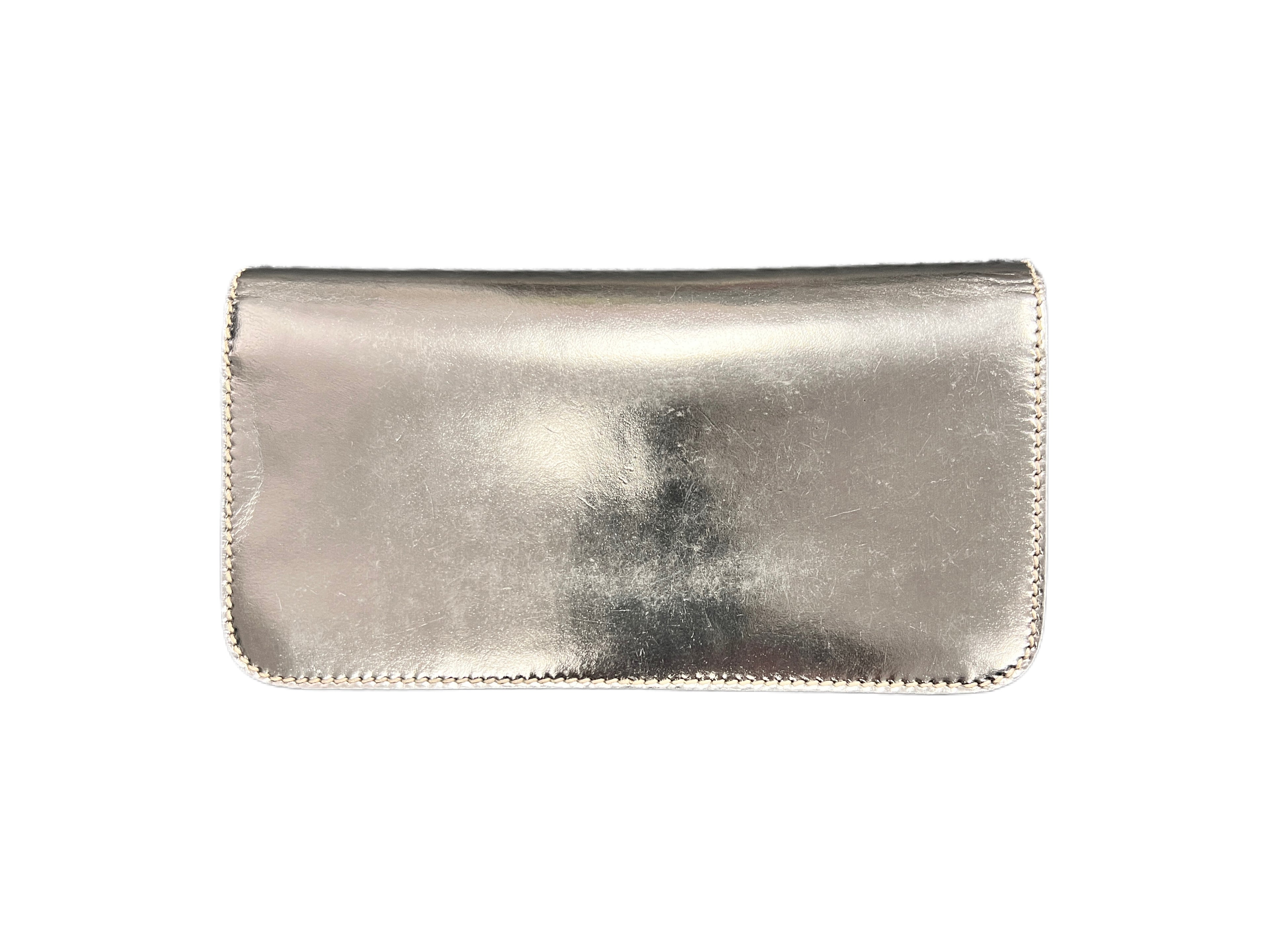 Vintage Gucci Metallic Silver Leather Mirror Clutch Bag with Bow Detail