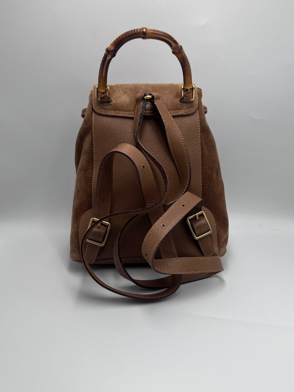 Gucci Vintage Bamboo Small Backpack in Brown Suede and Pebbled Leather