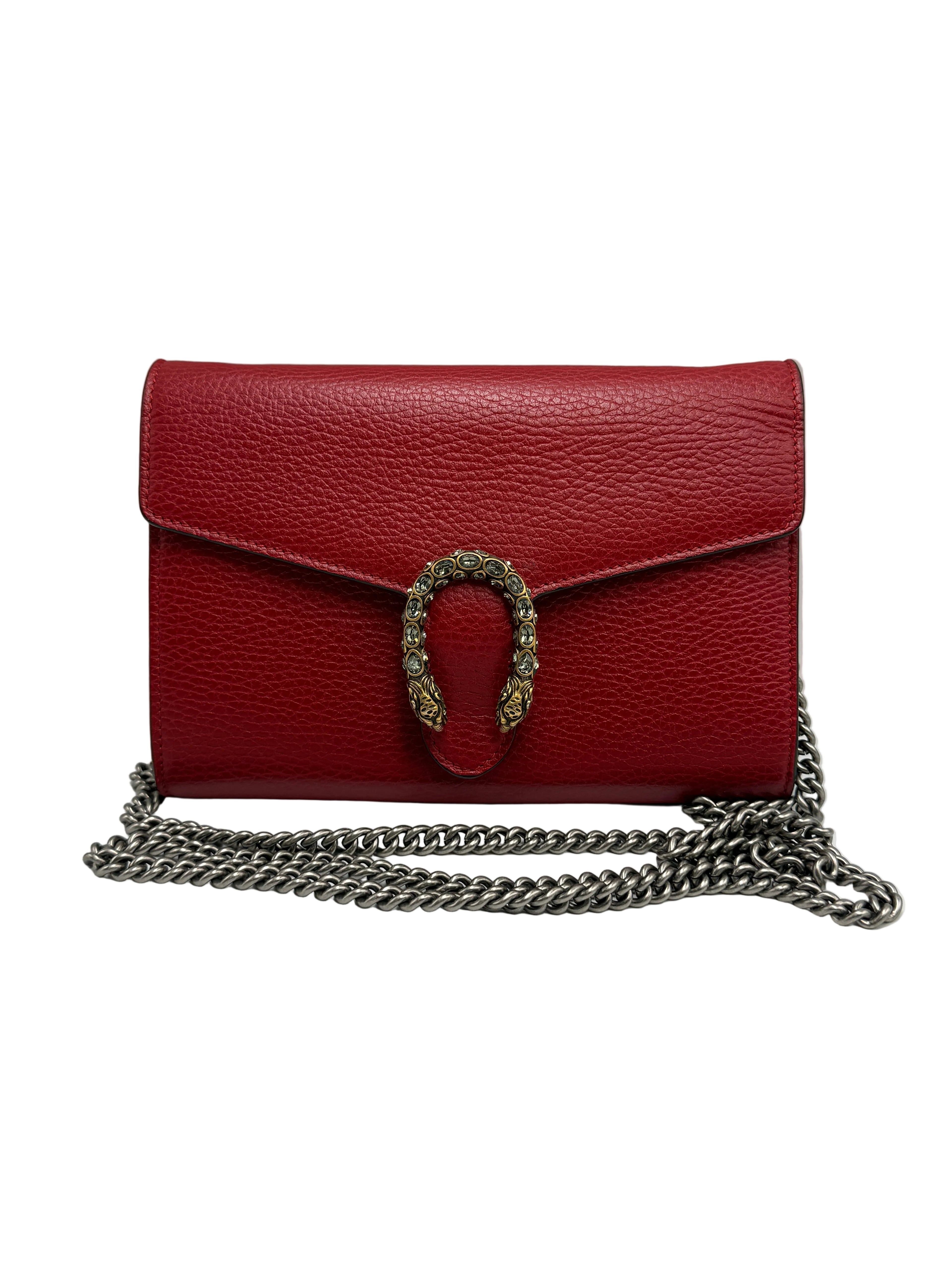 Gucci Dionysus Super Mini Shoulder Bag - Red Textured Leather with Crystal Tiger Head