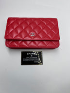 Chanel Classic Quilted Wallet on Chain (WOC) in Red Lambskin with Silver Hardware
