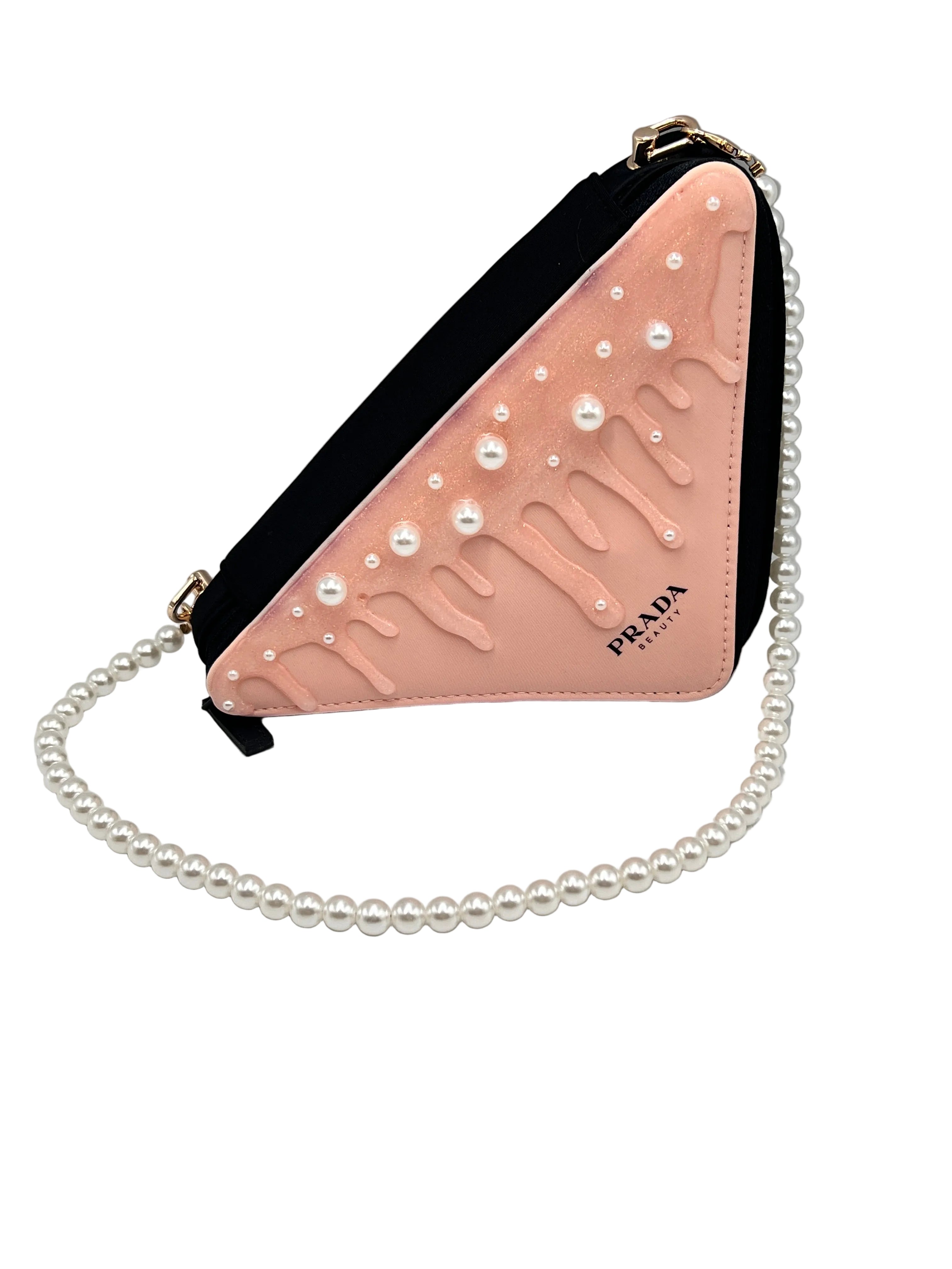 Prada Beauty Pearl Triangle Makeup Pouch Shoulder Bag Pink & Black