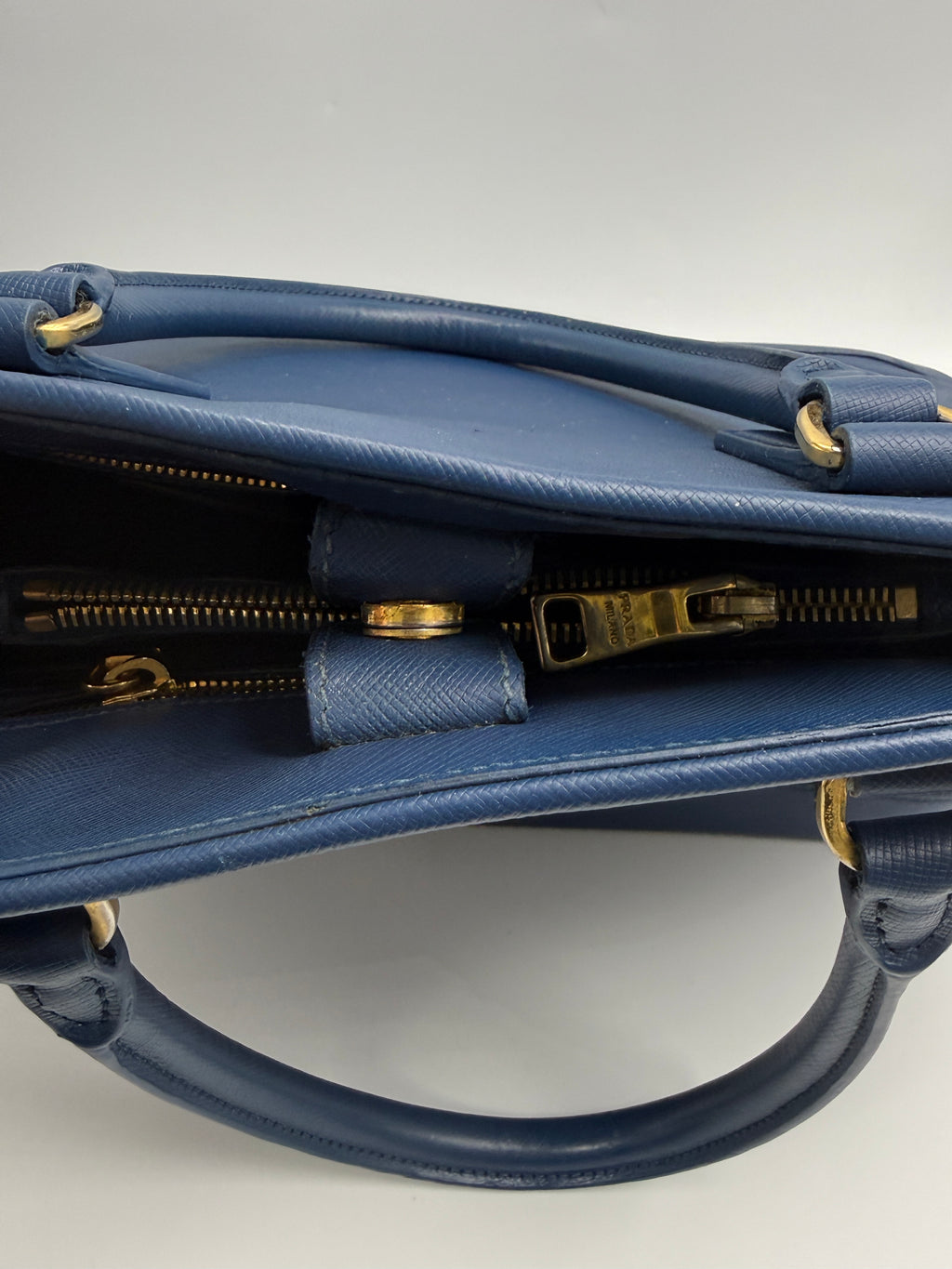 Prada Saffiano Lux Medium Promenade Dome Satchel (Baltico / Dark Navy)