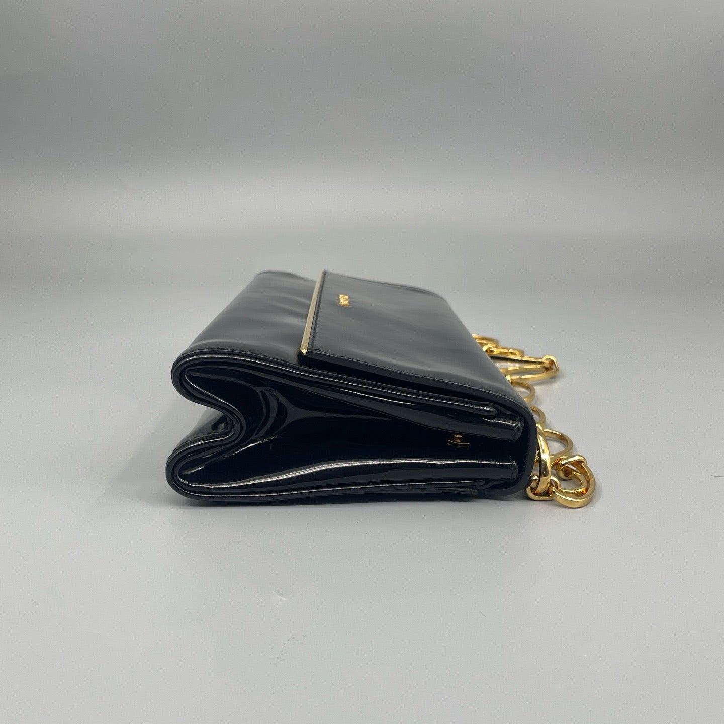 Prada Black Spazzolato Patent Leather Flap Bag with Gold-Tone Chain Strap
