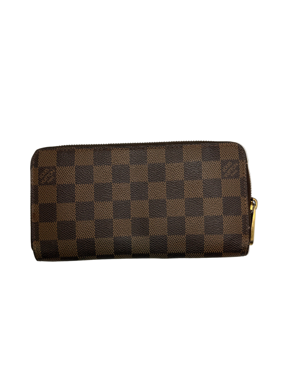 Front view of a Louis Vuitton Zippy Wallet in Damier Ebene canvas with gold-tone zip-around hardware.