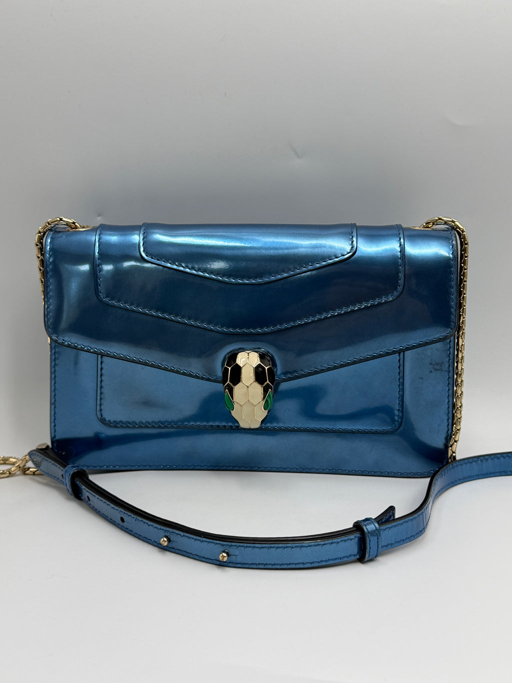 Bvlgari Serpenti Forever Metallic Calfskin Flap Bag in Electric Blue