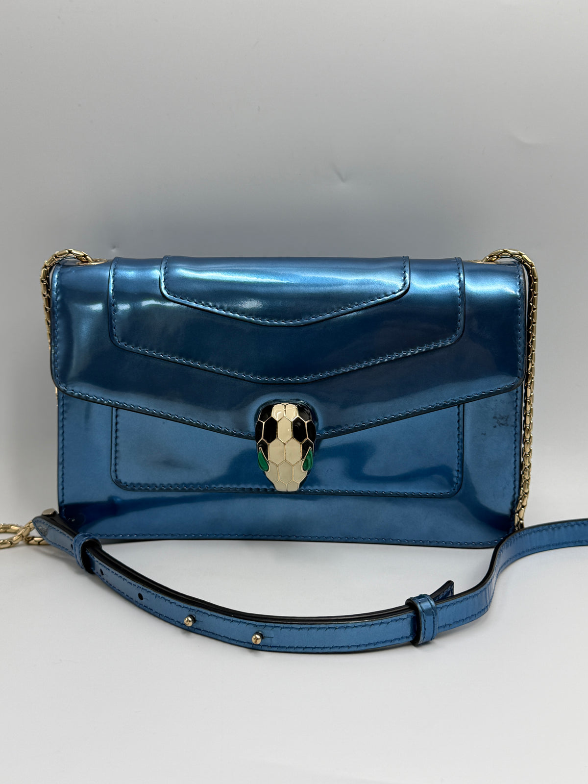 Bvlgari Serpenti Forever Metallic Calfskin Flap Bag in Electric Blue