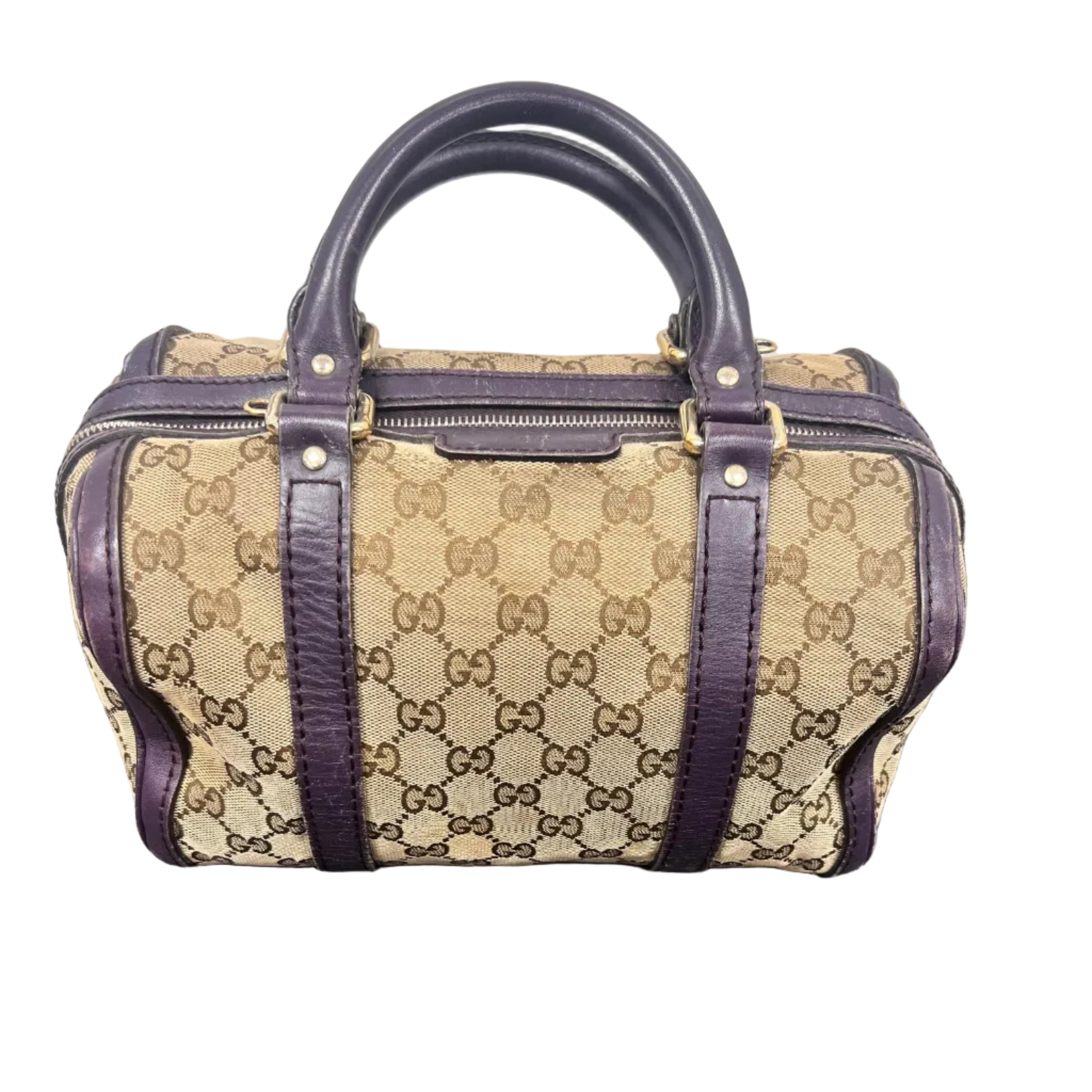 Gucci GG Monogram Canvas Boston Bag with Purple Leather Trim