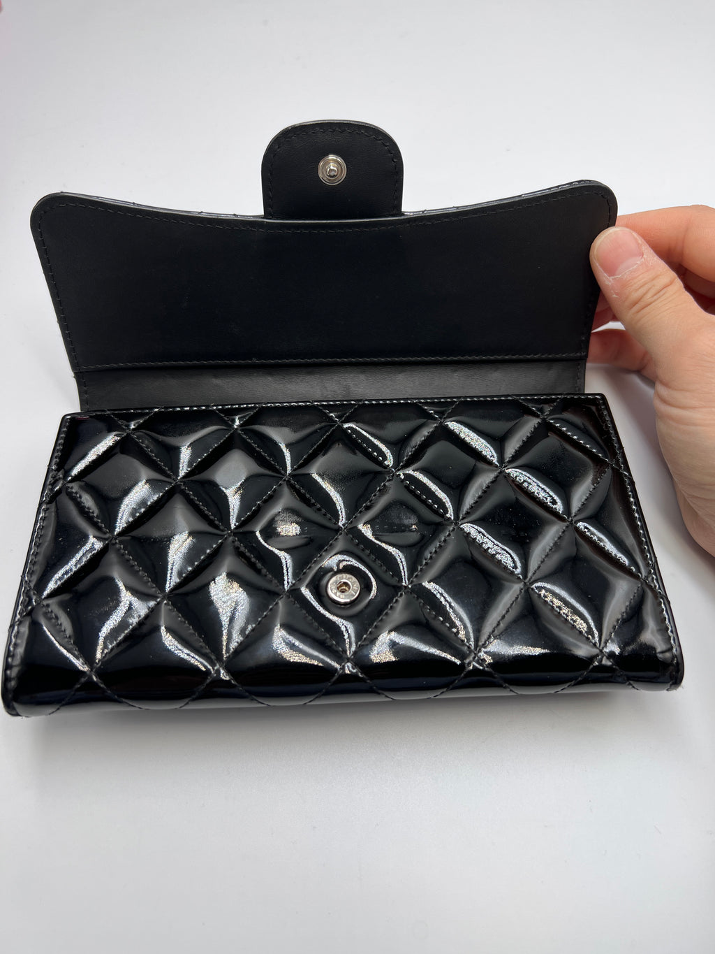 Chanel Classic Quilted Flap Wallet / Medium Wallet in Black Patent Leather with Silver Hardware