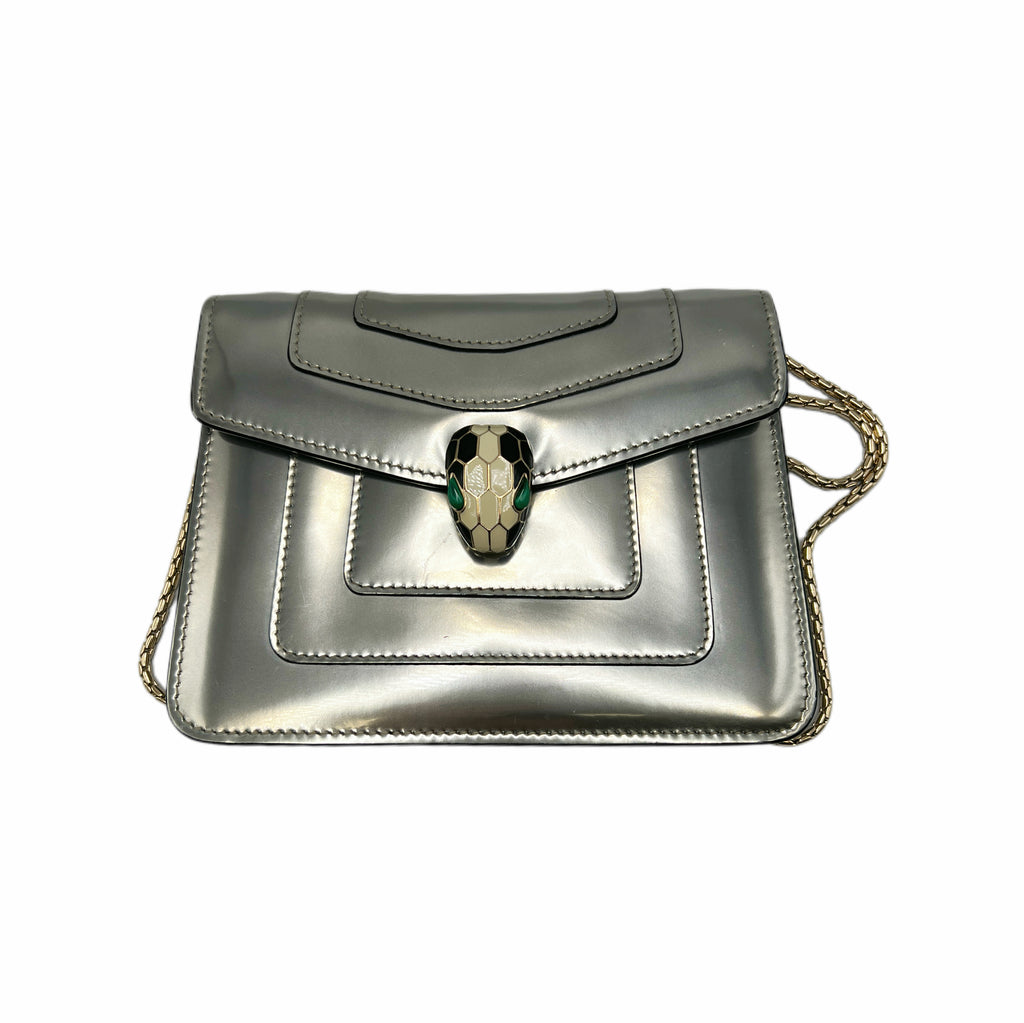 preloved authentic Silver metallic handbag with snake design Bvlgari bag in great condition preowned designer shoulder bag 