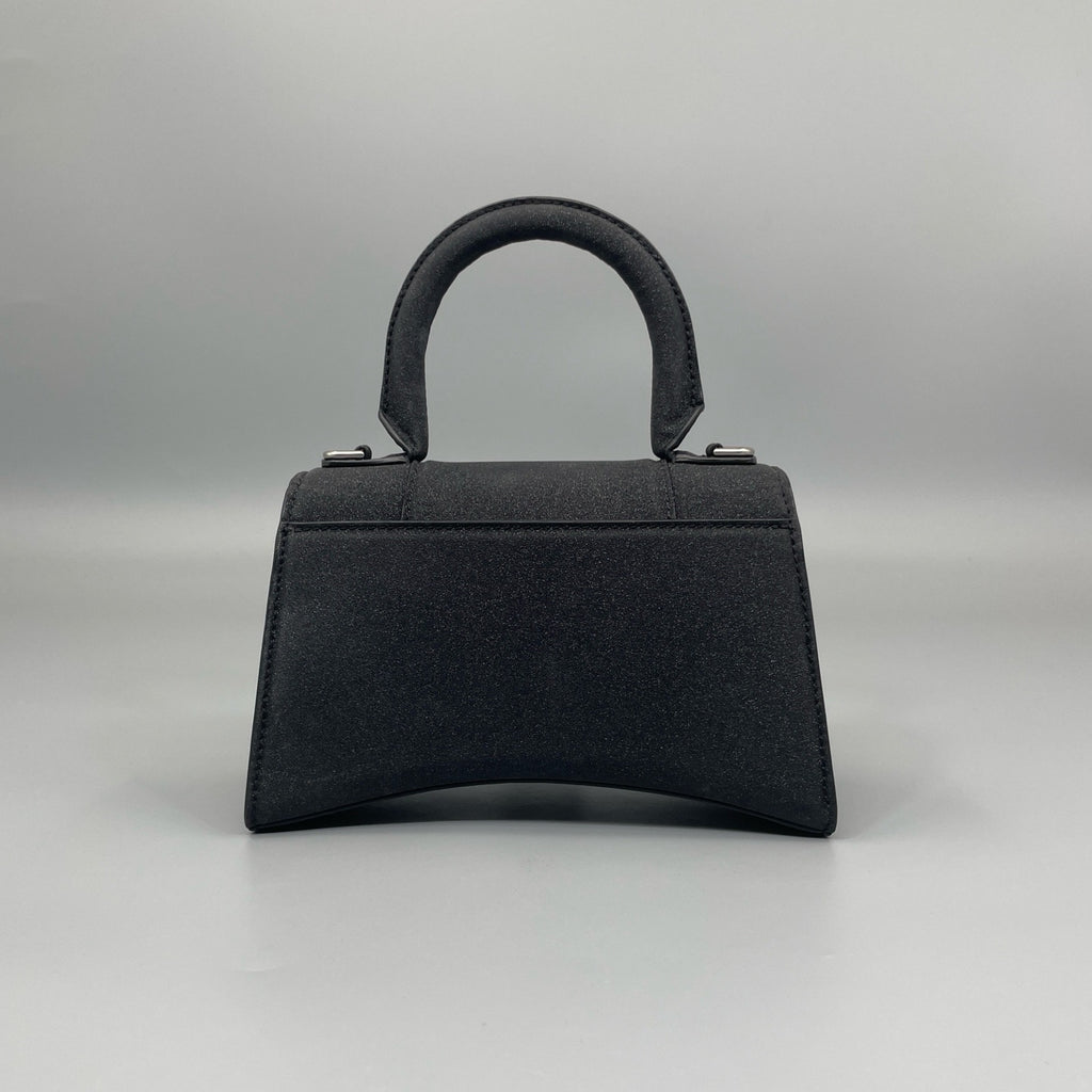 Balenciaga Hourglass XS Top Handle Bag in Black Suede with Silver Hardware