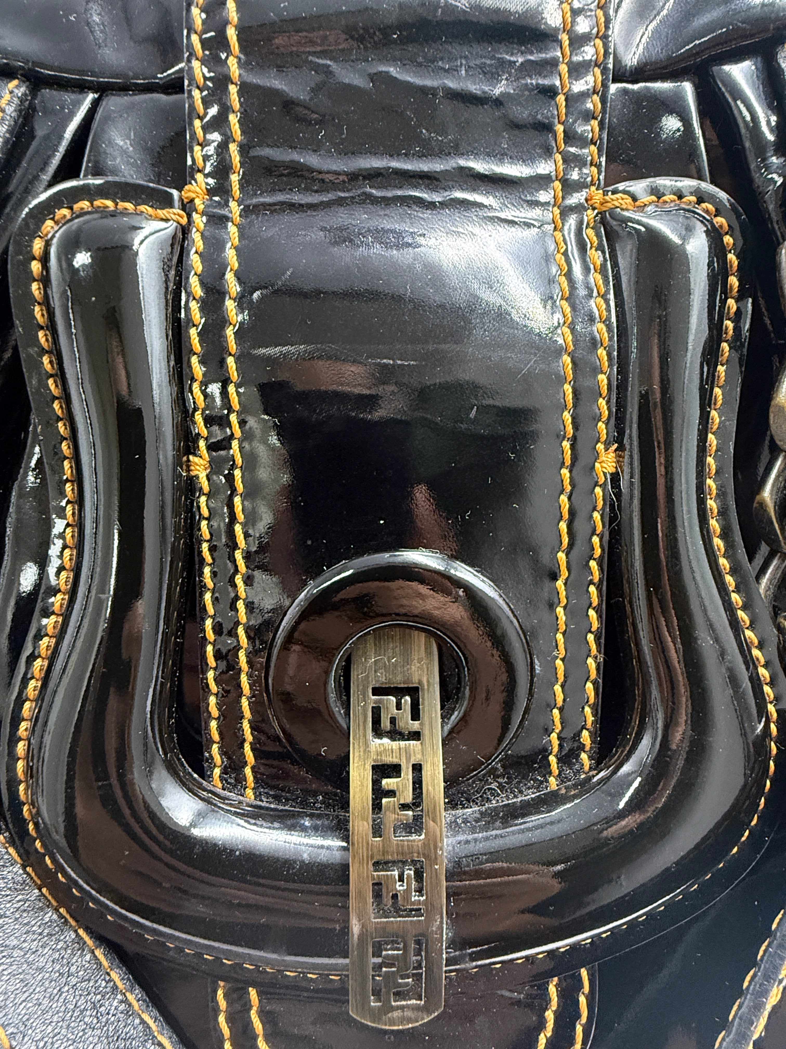 Fendi Vintage Black Patent Leather Chef Bag with Chain Detail
