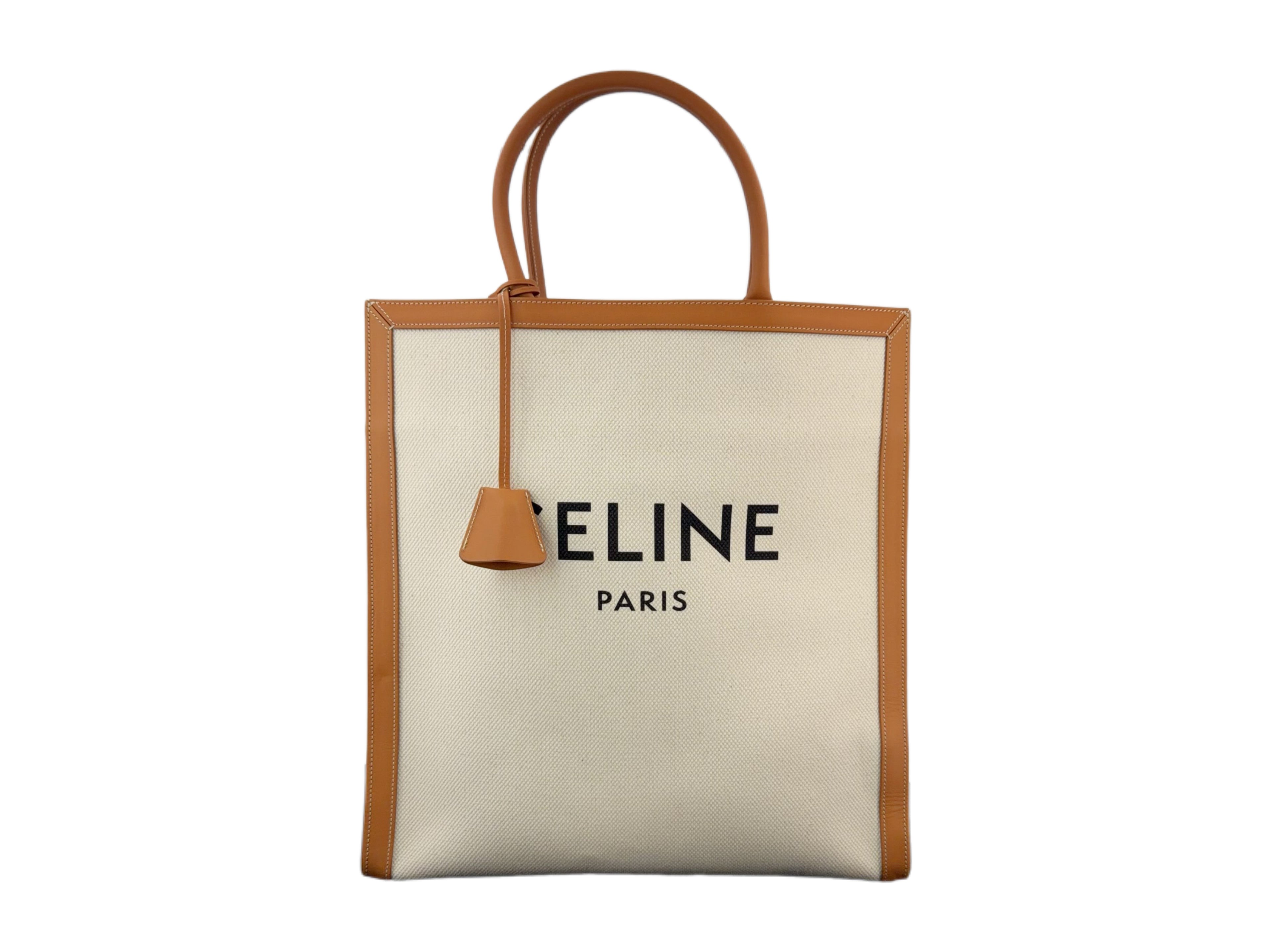 Large Vertical Tote bag with 'Celine Paris' branding on brown celine canvas bag in very good condition preowned designer luxury bag for sale  