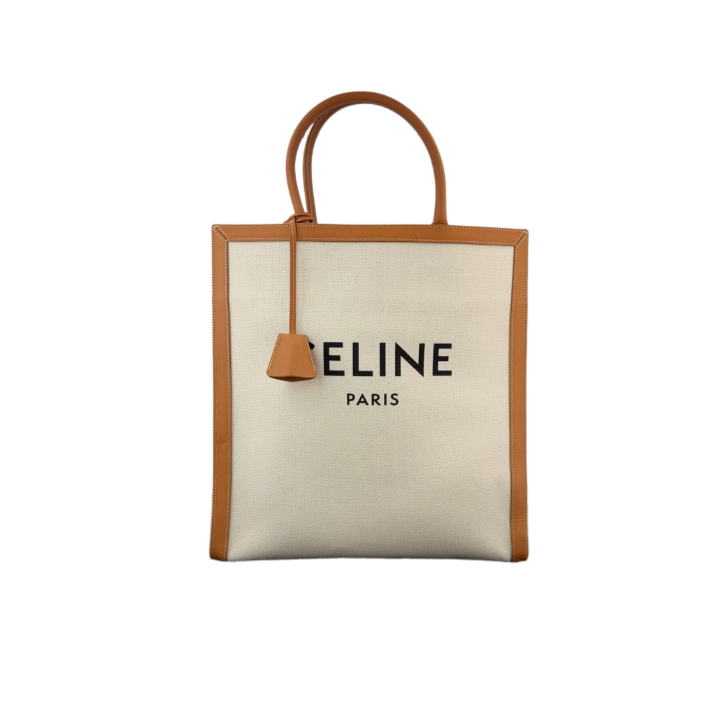 Large Vertical Tote bag with 'Celine Paris' branding on brown celine canvas bag in very good condition preowned designer luxury bag for sale  