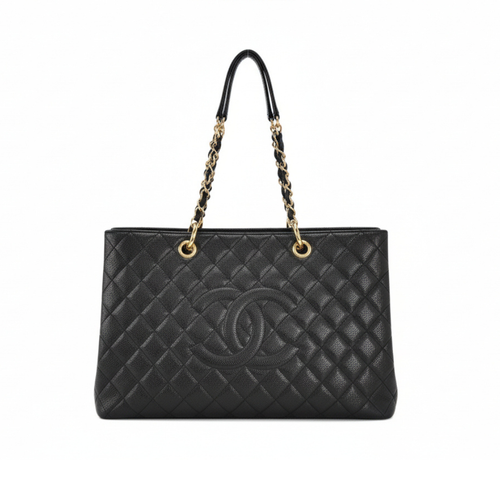 preloved authentic Chanel grand shopping tote bag in Black quilted handbag with gold chain strap for sale secondhand designer bag 