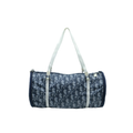 Blue duffel bag with white strap on a white background