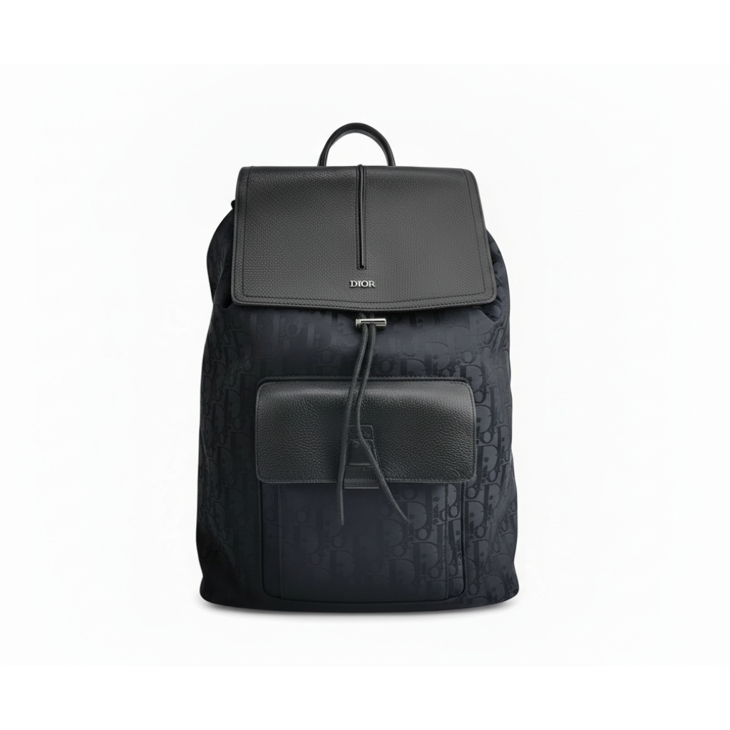 front look of christian dior black oblique canvas and leather cover men's backpack in excellent