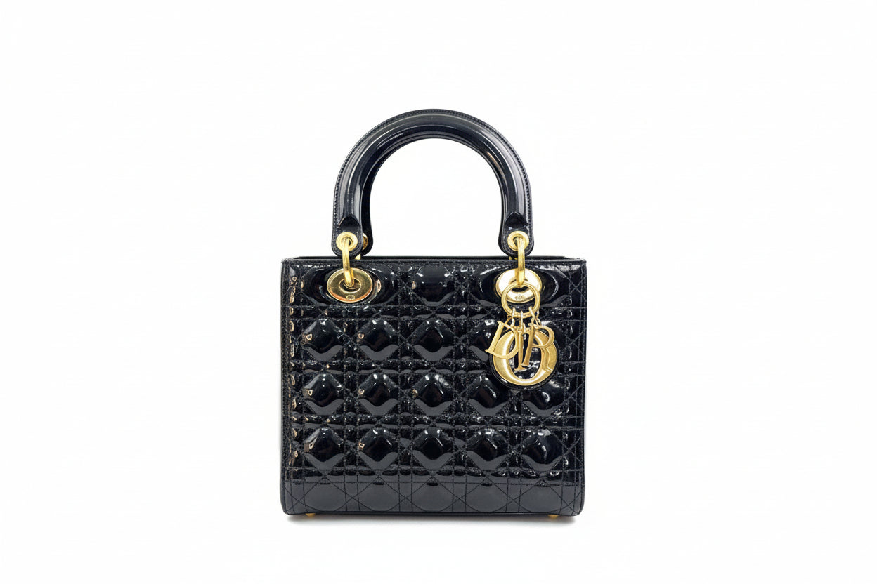 Preloved authentic lady dior medium black patent leather tote bag with crossbody strap in very good condition dior charms 