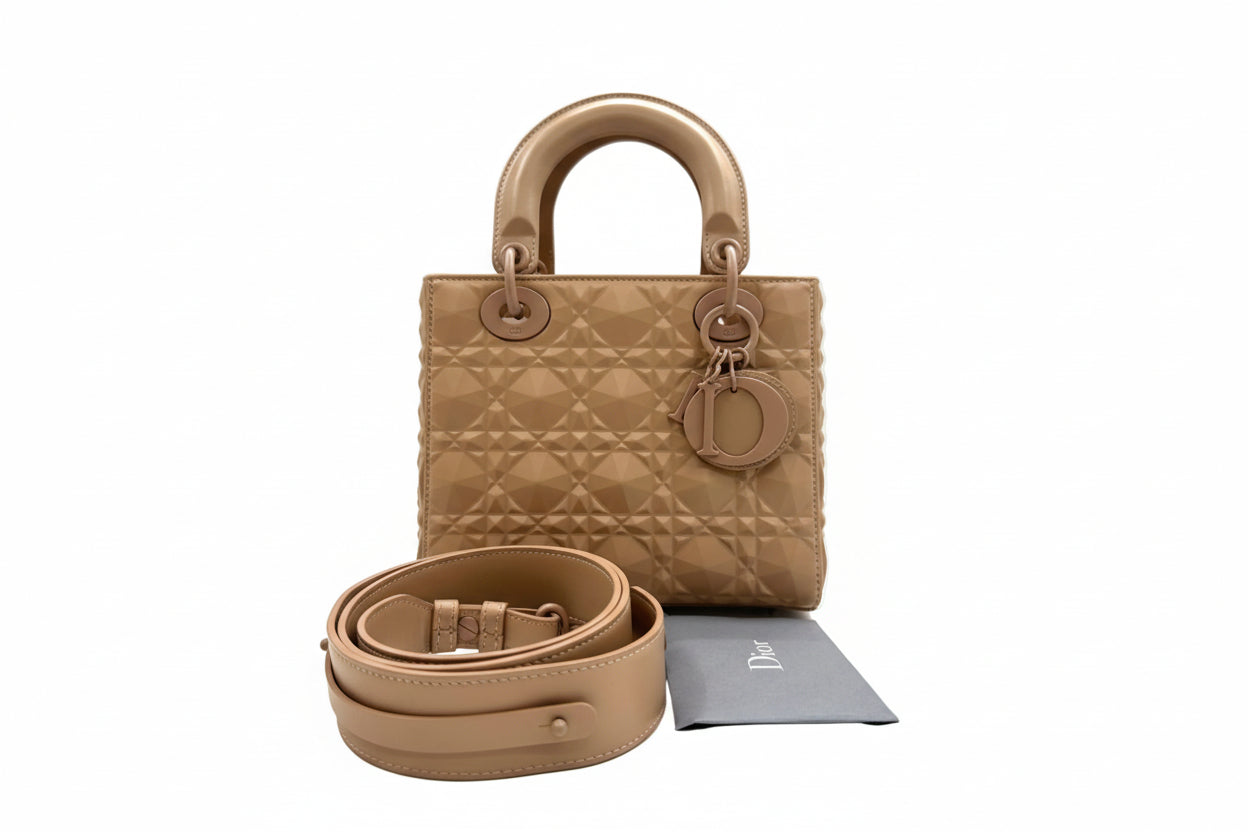 authentic preloved christiandior lady dior small crossbody handbag with beige quilting cannage with dior lucky charms in excellent condition