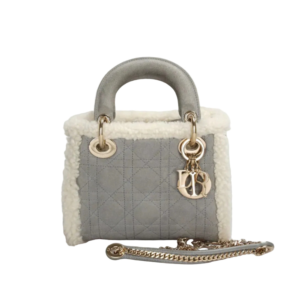 authentic christian dior mini lady dior Suede Shearling Cannage Lady Dior satchel