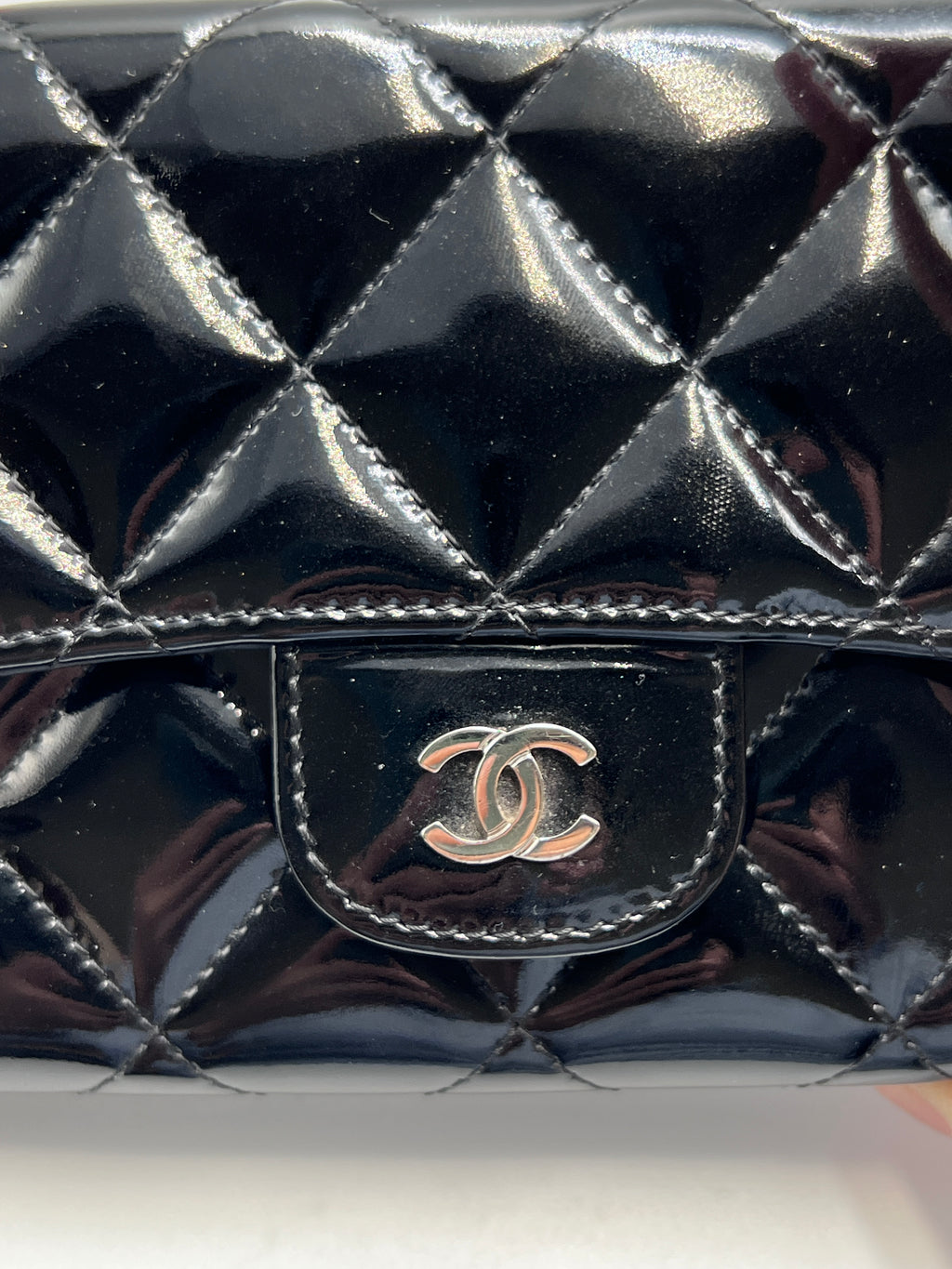 Chanel Classic Quilted Flap Wallet / Medium Wallet in Black Patent Leather with Silver Hardware